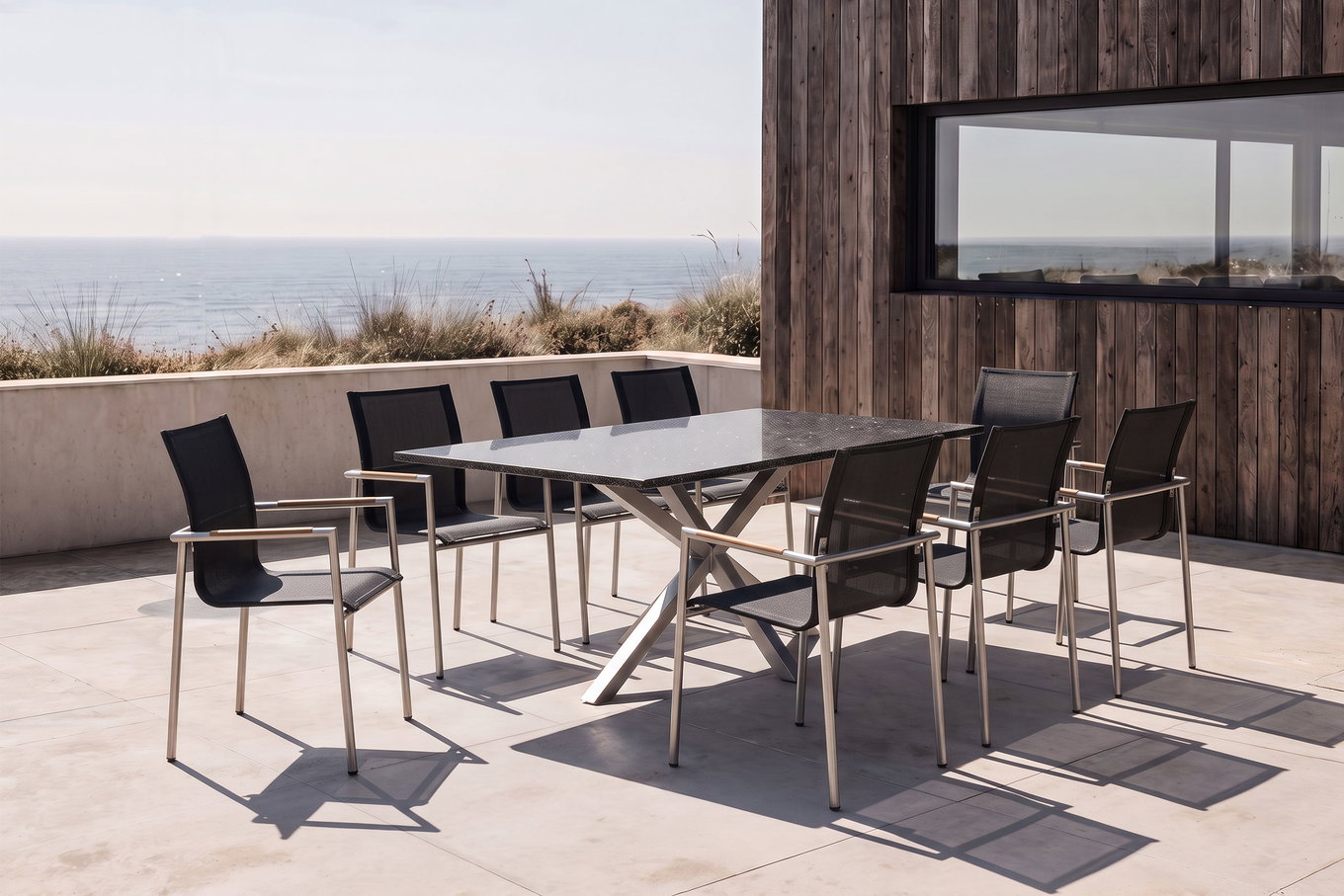 OUTFLEXX Garten-Essgruppe, grau/anthrazit, Edelstahl/Textilene/Granit/Teak, Tisch 200x100cm, 8 Personen