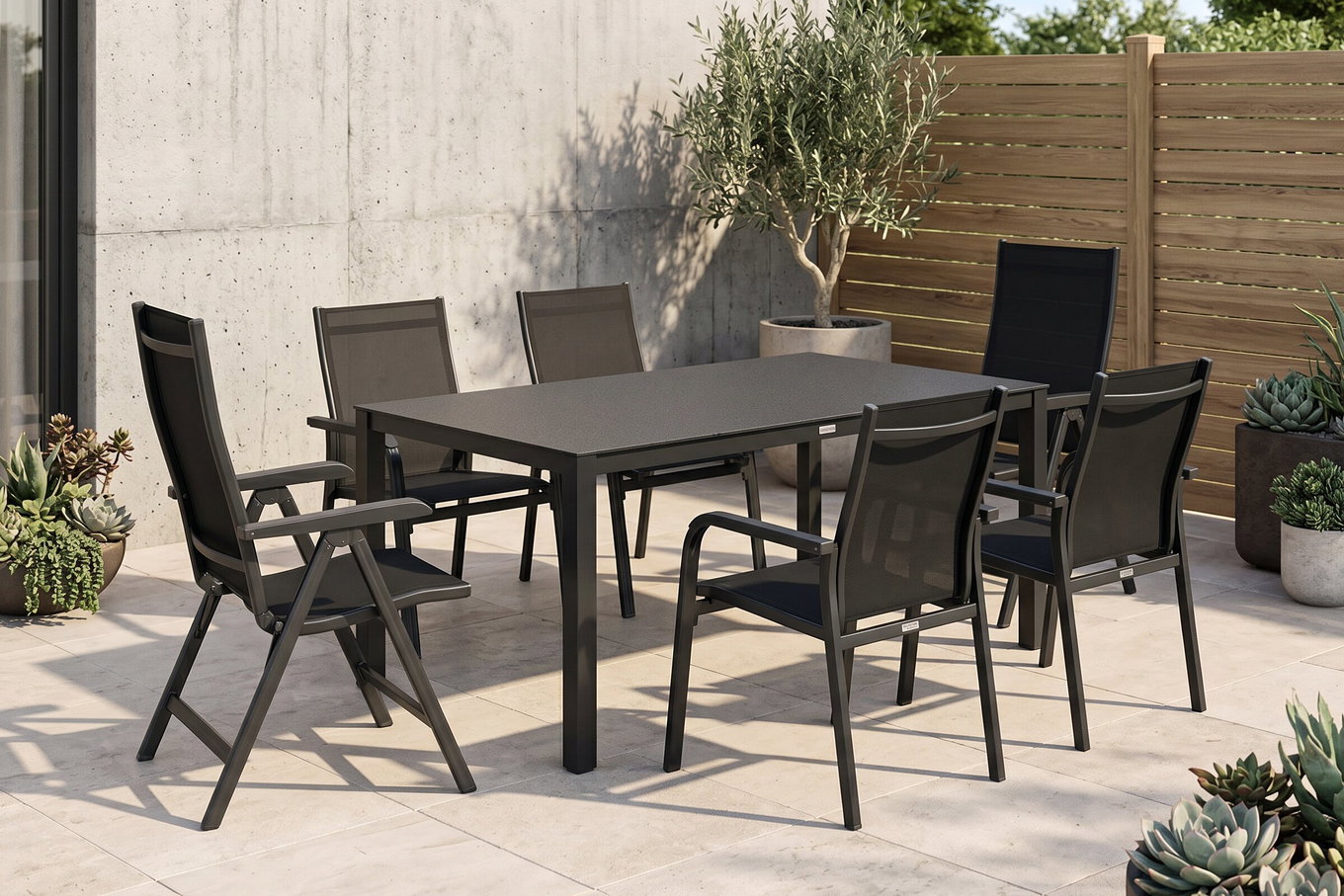 KETTLER BasicPlus Ensemble repas de jardin, anthracite, Alu/Spraystone/Textile, 160 x 95 cm, 4 fauteuils empilables, 2 chaises pliantes