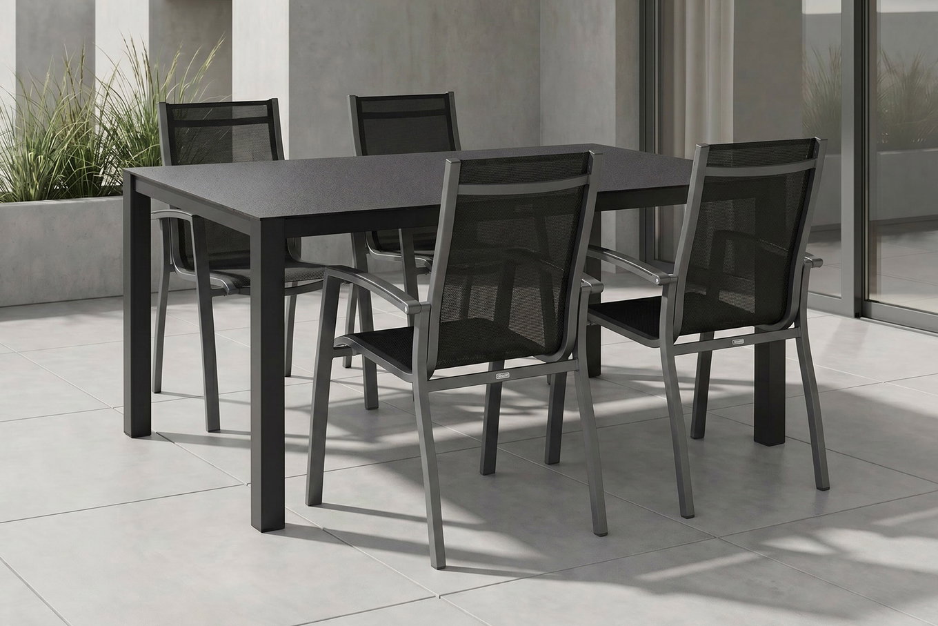 KETTLER Altura Ensemble repas de jardin, anthracite, Alu/Spraystone/Textile, 160x95 cm, 4 fauteuils empilables