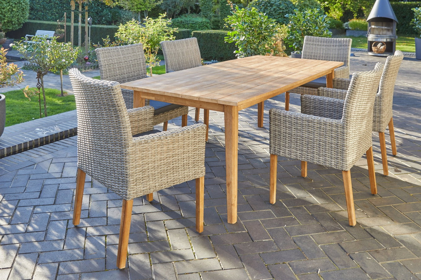 Ploß Borneo/Kota Salon de jardin repas, naturel/gris chiné, Acacia/Alu/Résine tressée, 220x100 cm, 6 fauteuils de style campagnard, Acacia, Produit certifié FSC®