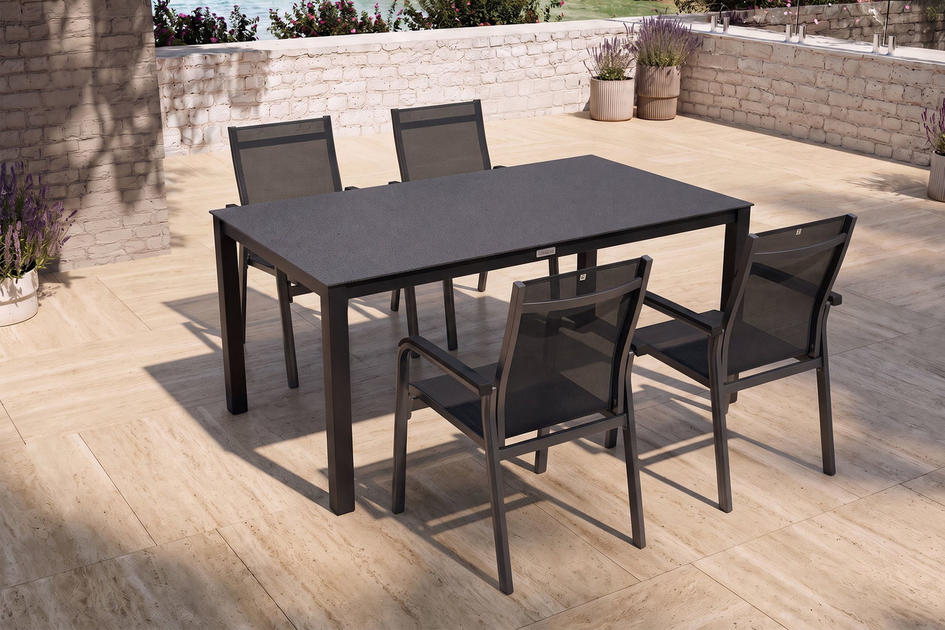 KETTLER BasicPlus Premium Ensemble repas de jardin, anthracite, Alu/Spraystone, Table 160x95 cm, 4 fauteuils empilables