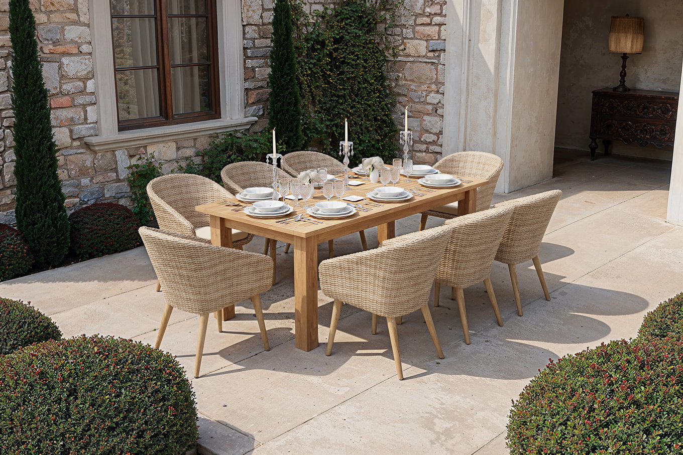 PLOß Borneo Salon de jardin, naturel/beige, acacia/résine tressée, table à manger extensible 180/220/260 x 100 cm, 8 chaises avec coussins, produit certifié FSC®
