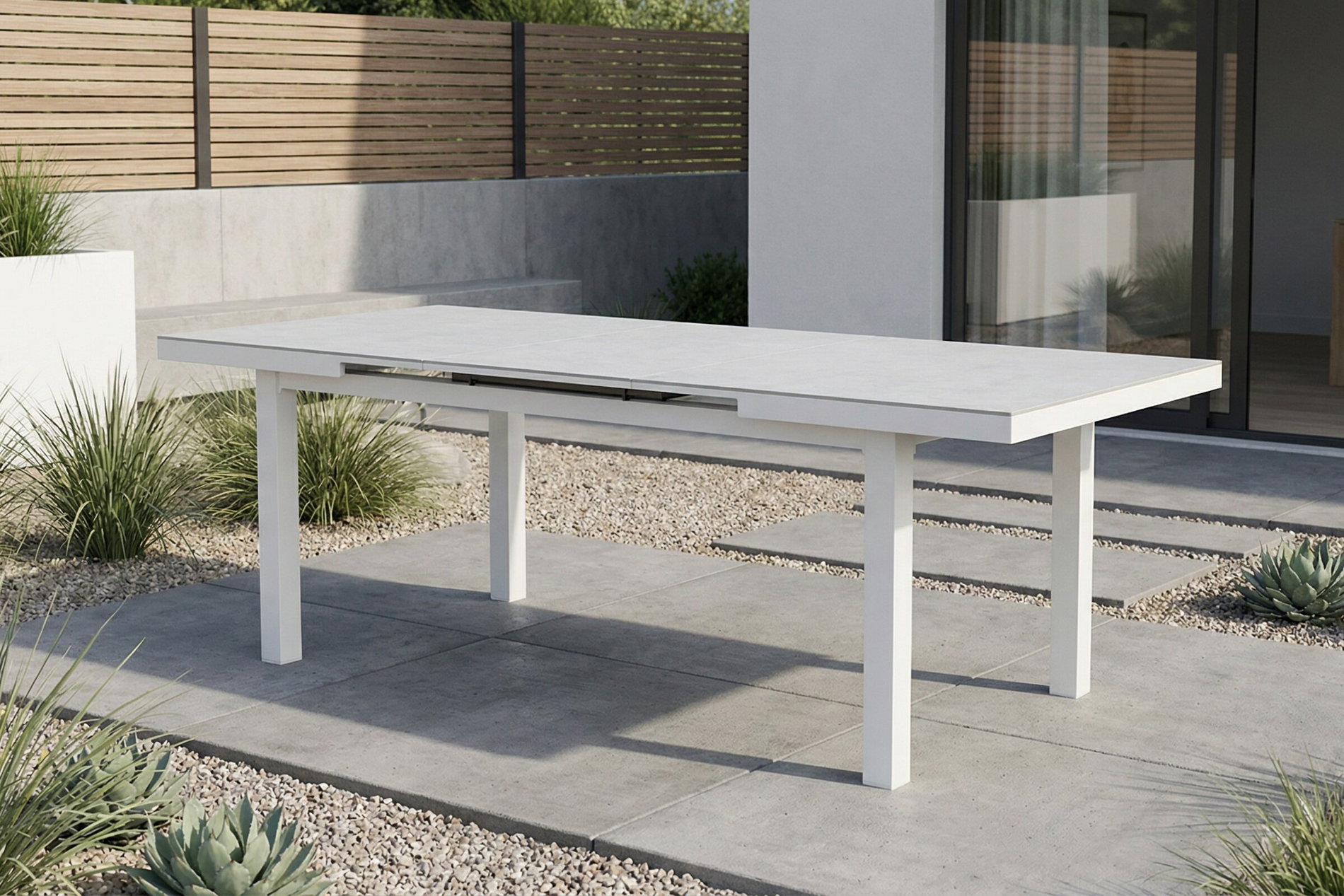 Table extensible Premium OUTFLEXX, blanc, Alu/Verre, 180/240 x 100 cm, résistant aux intempéries, haute capacité de charge