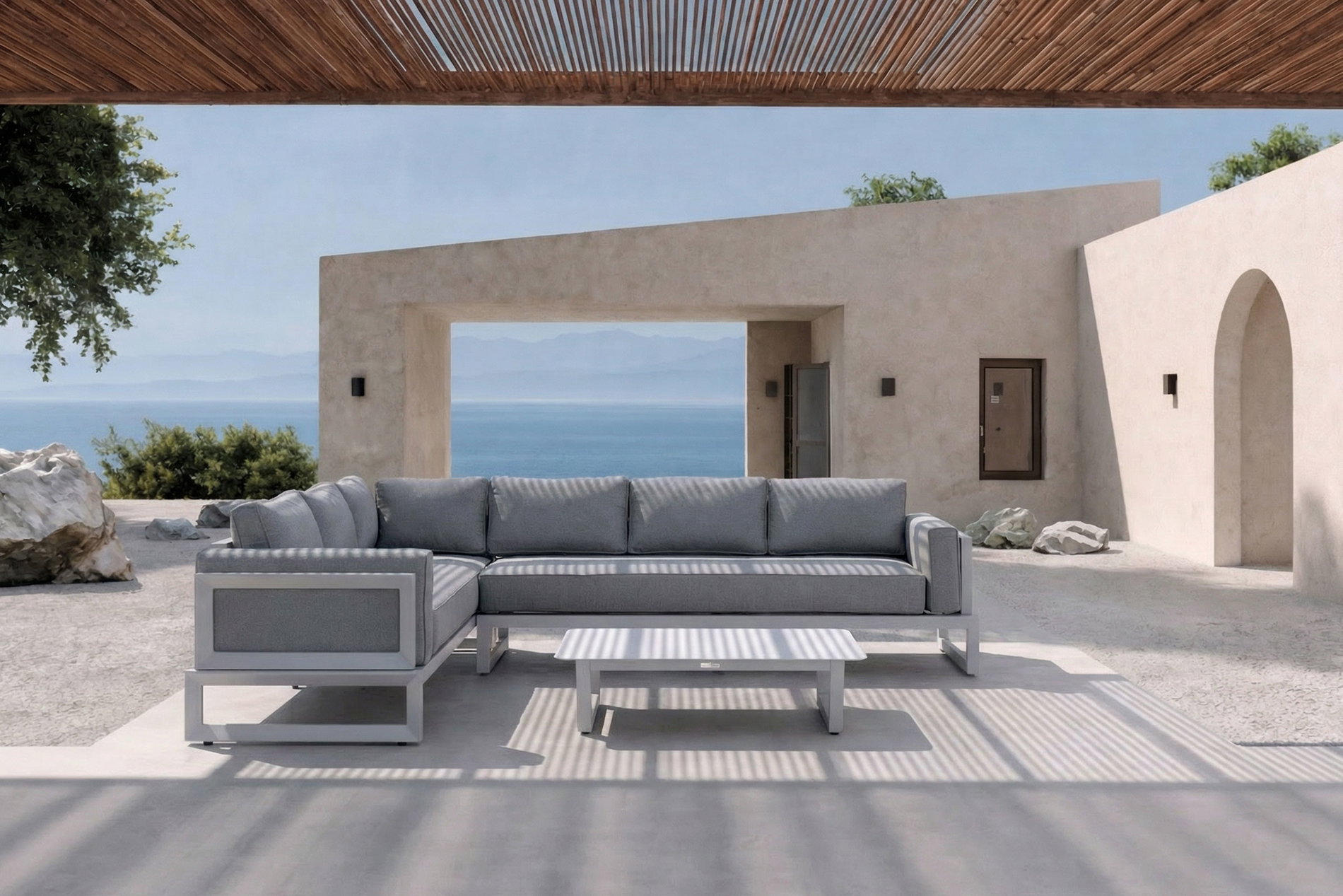 OUTFLEXX Manhattan Salon d'angle, gris/argent, Alu/Polyester, incl table d'appoint, résistant aux intempéries