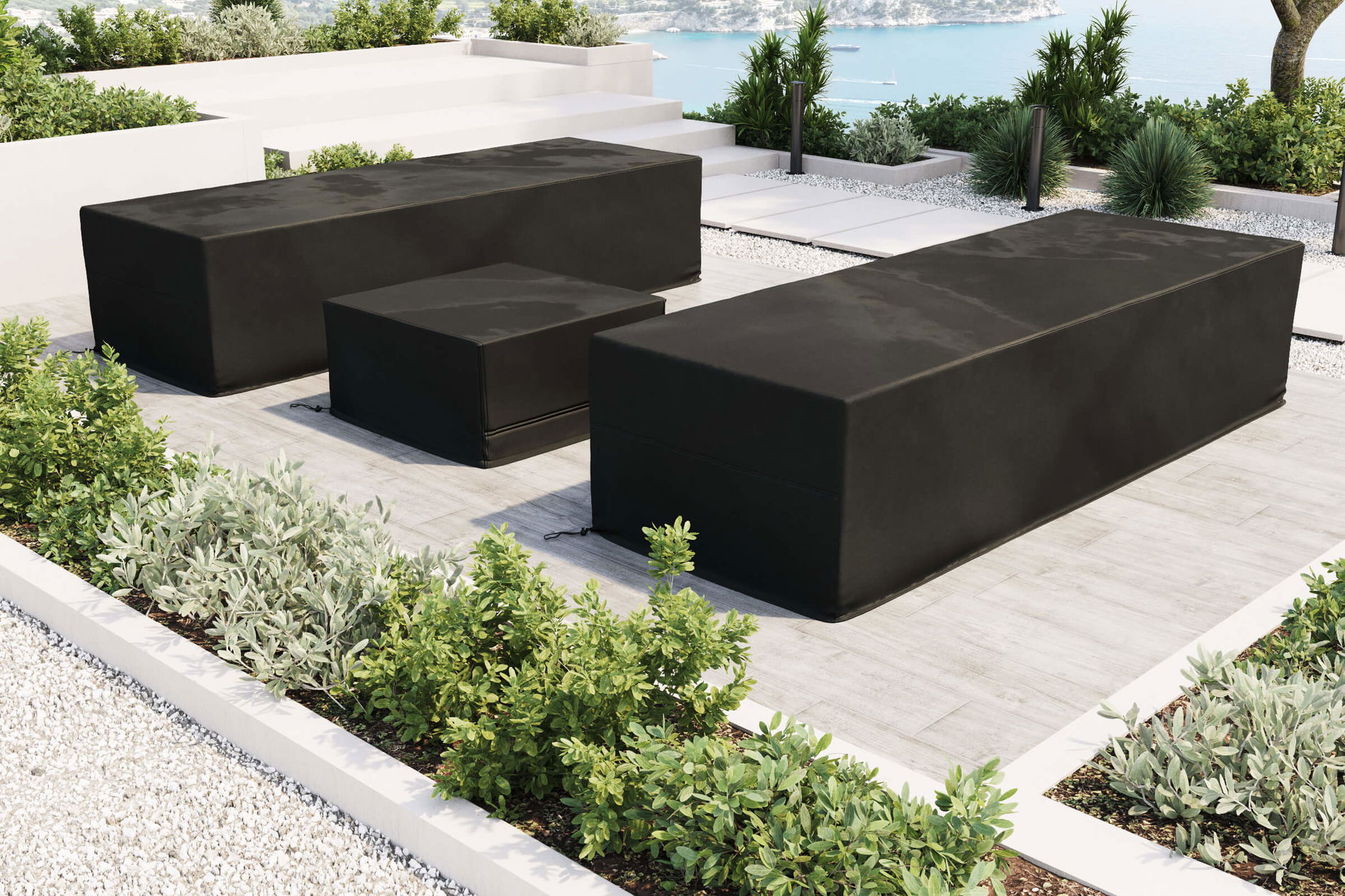 Set de housses de protection OUTFLEXX pour bains de soleil, noir, tissu ripstop/polyester, déperlant, protection UV