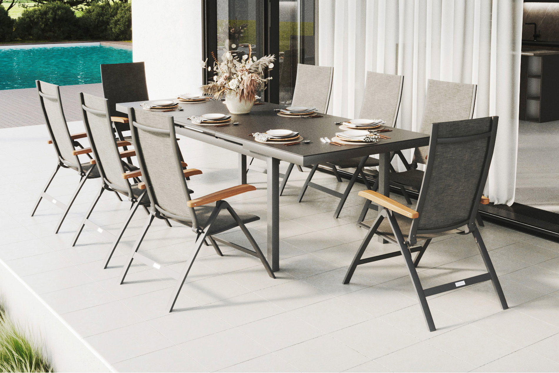 Salon de jardin OUTFLEXX Lagos, anthracite/gris, alu/eucalyptus/textilène, table 180/240 x 100 cm, 8 chaises pliantes, produit certifié FSC®