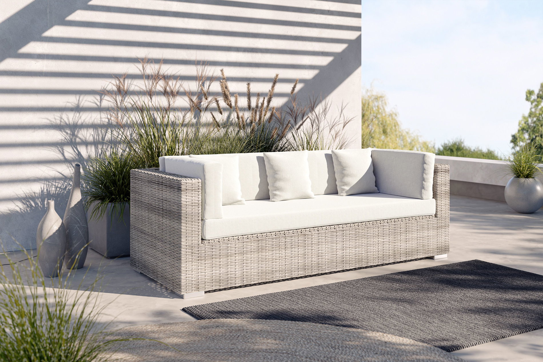 OUTFLEXX Canapé de jardin, 3 places, beige, résine tressée, 209 x 84 cm, avec fonction coffre à coussins