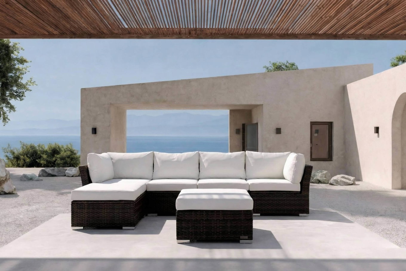 OUTFLEXX Salon de jardin, marron marbré, polyrésine tressée, avec table basse, pour 5 personnes, coffre à coussins étanche
