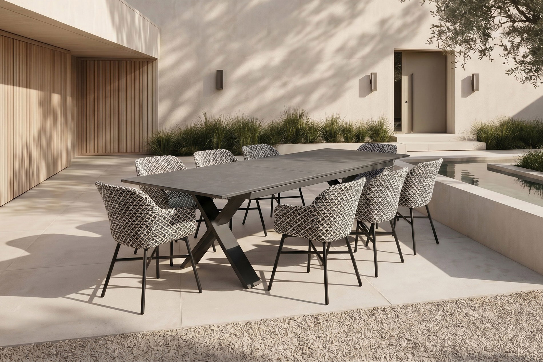 HARTMAN Xanadu Garten-Essgruppe, schwarz/grau/weiß, Aluminium/Glas-Keramik/Kunststoff, Ausziehtisch 220/280 x 100 cm, inkl. 8 Sessel