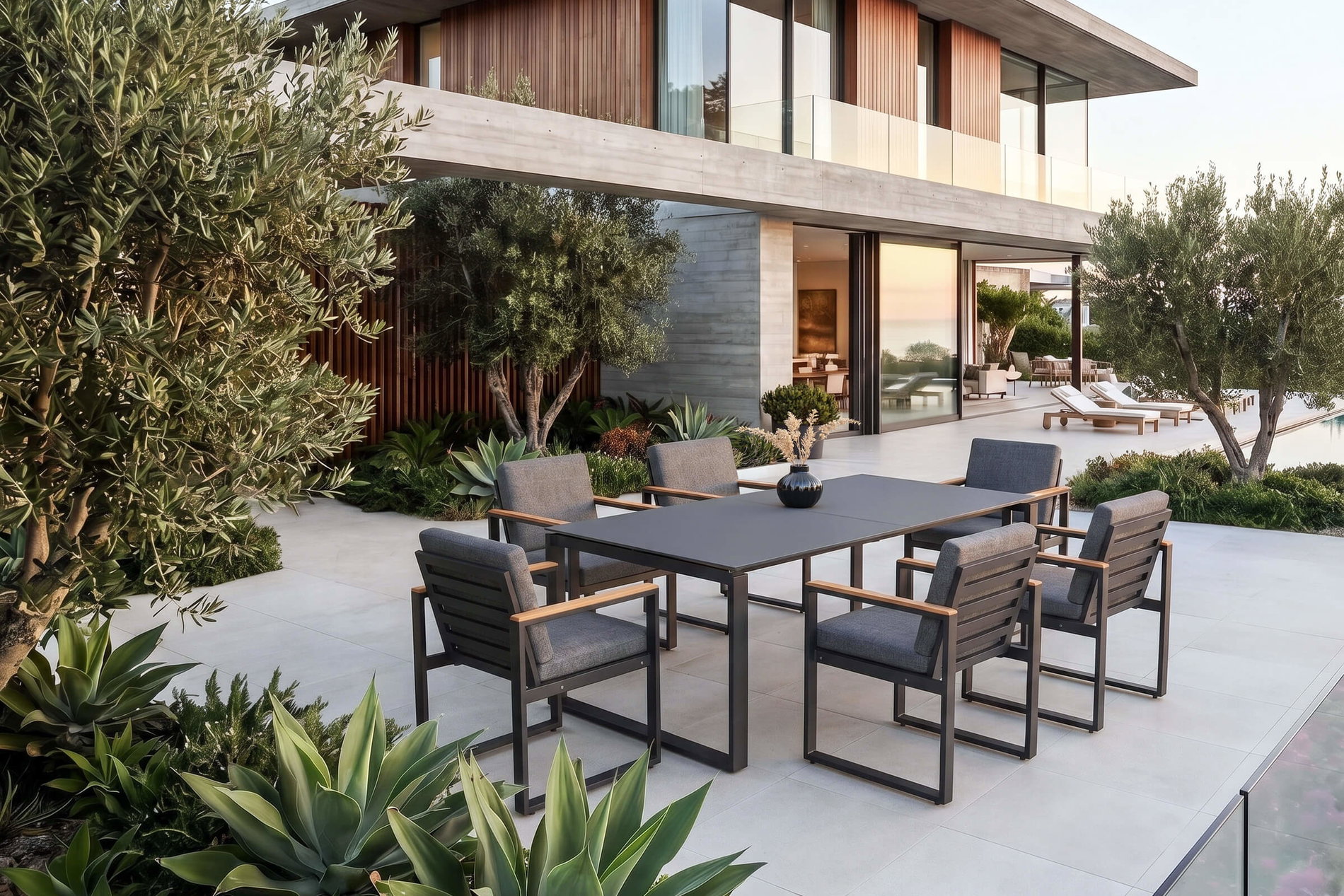 OUTFLEXX Bocas Salon de jardin, gris mat, Aluminium/Bois de teck, Table extensible 206/266 x 100 cm, 6 fauteuils inclus OUTFLEXX Bocas Salon de jardin, gris mat, Aluminium/Bois de teck, Table extensible 206/266 x 100 cm, 6 fauteuils inclus