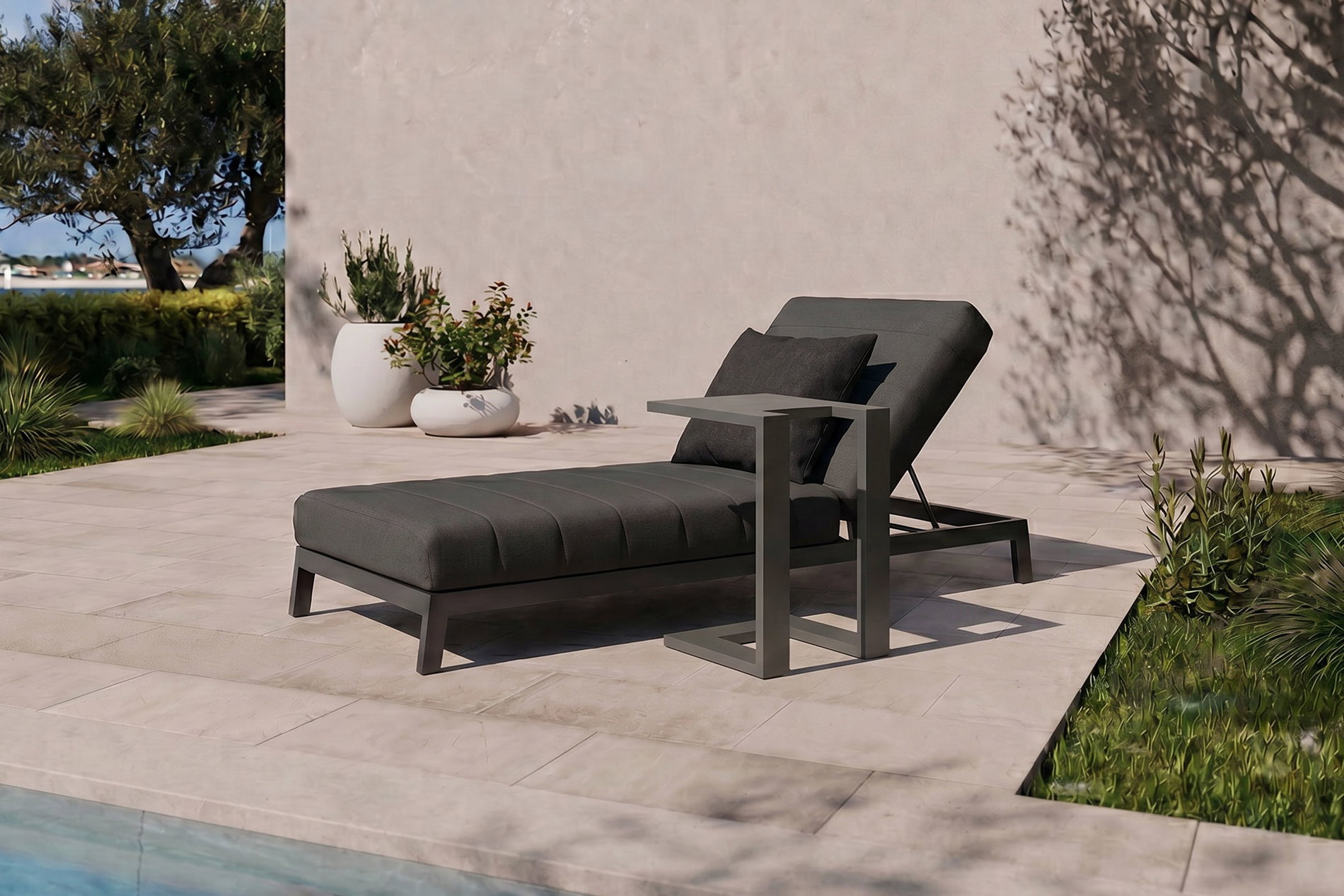 OUTFLEXX Bite Ensemble bain de soleil avec table d'appoint, anthracite, aluminium/polyester, 205 x 90 cm, à séchage rapide, coussin décoratif inclus