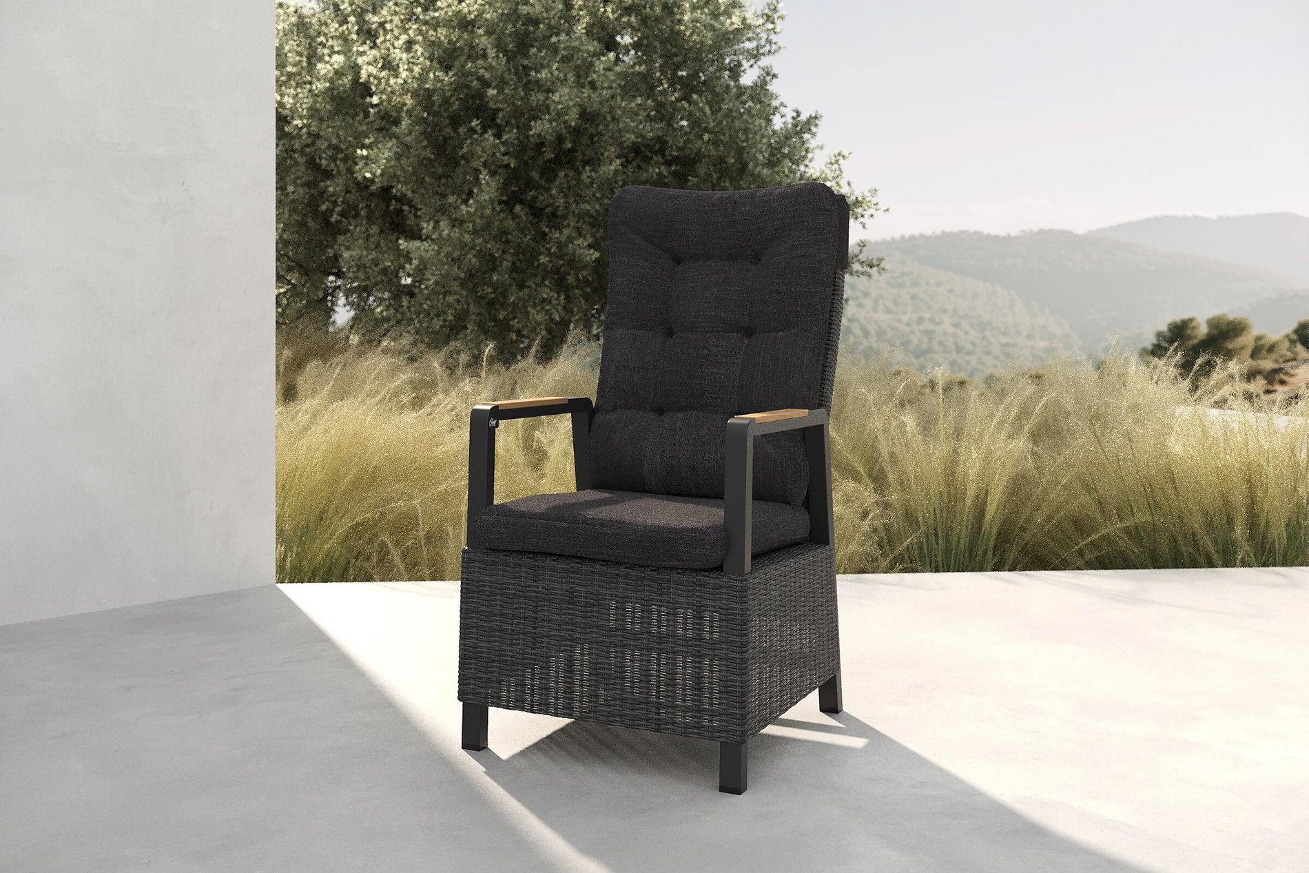 Fauteuil de salle à manger OUTFLEXX Nova, anthracite/gris, Alu/Résine tressée, 58 x 68 x 108 cm, dossier réglable, avec accoudoirs en teck, produit certifié FSC®