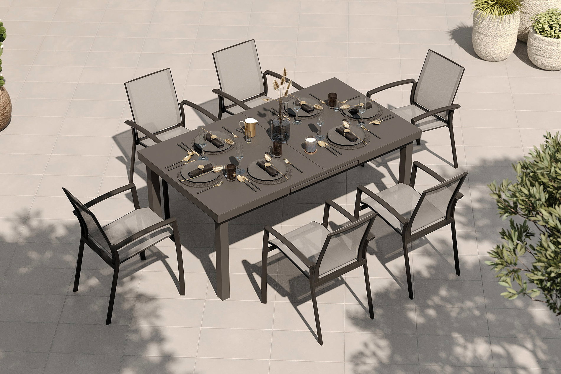 SIENA GARDEN Ensemble de jardin, anthracite/gris, aluminium/textile Ranotex, table extensible 180/240 x 100 cm, avec 6 fauteuils empilables