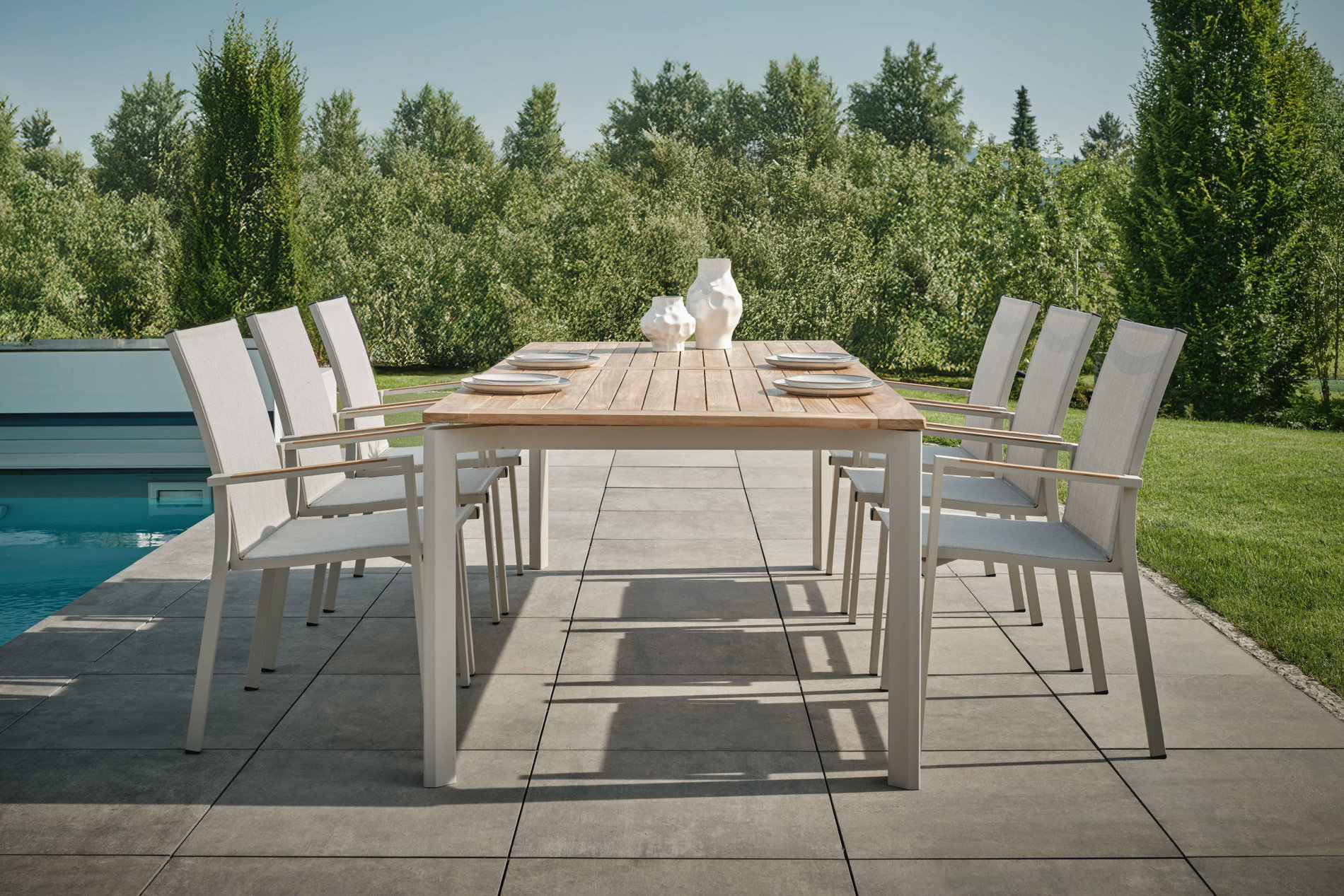 Ensemble repas de jardin Stern NEW LEVANTO/PENTA, greige/sésame, aluminium/textile/teck, table 220 x 100 cm, 6 chaises empilables