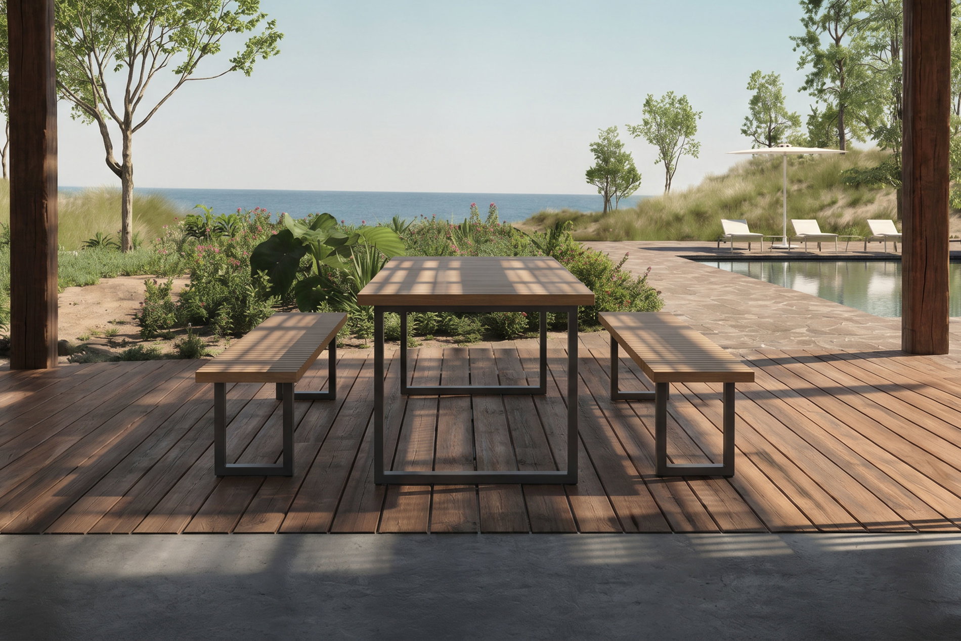 OUTFLEXX Oslo Garten-Essgruppe, 6 Personen, 2 Bänke, 210x90cm, Aluminium/Teak, FSC®-zertifiziert