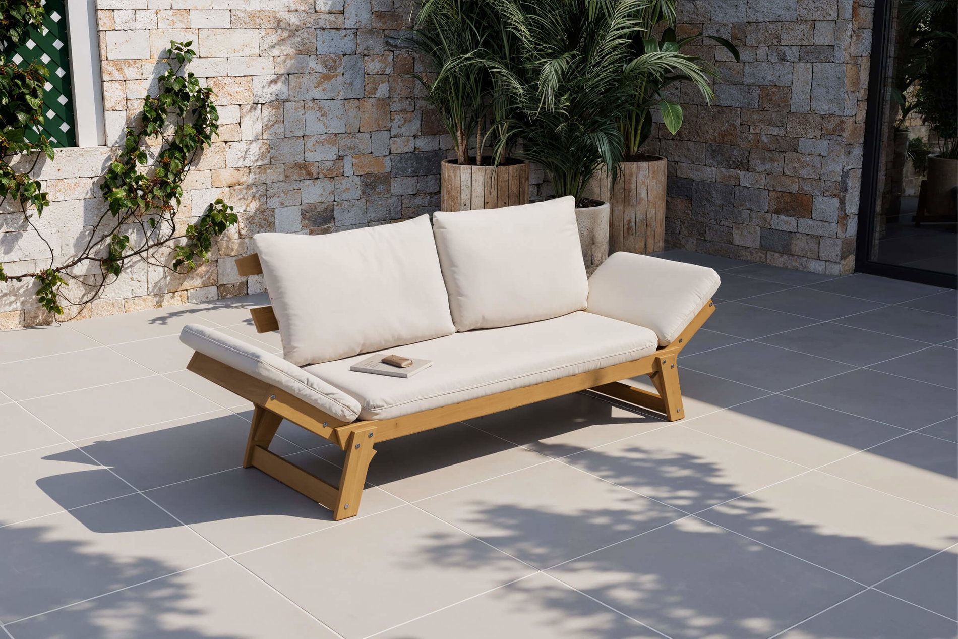 OUTFLEXX Bali Lounge/Liege, creme/natur, Akazie/Polyester, geölt, 198 x 68 x 78 cm, verstellbar, inkl. Kissen, FSC®-zertifiziertes Produkt