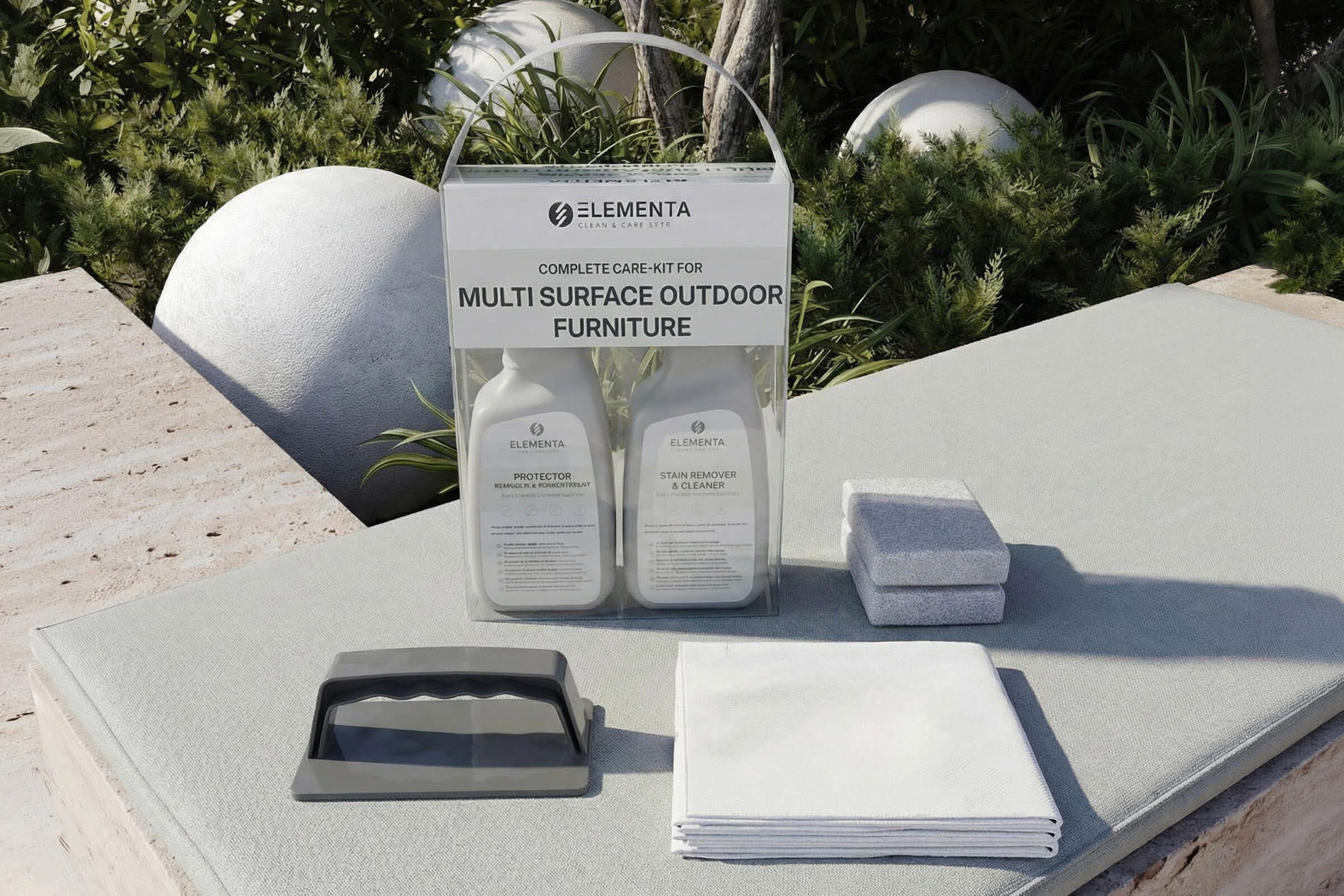 ELEMENTA Multi Surface KITS 3-in-1 Box Pflegemittel, Gartenmöbelreinigung und Oberflächenschutz, 2 x 750 ml