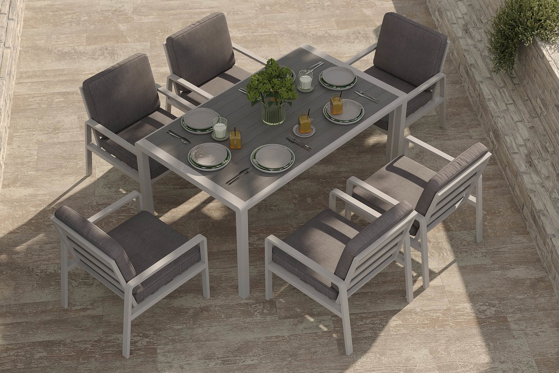 OUTFLEXX Taro Garten-Essgruppe mit 6 Stühlen, weiß/grau, Aluminium/Holzimitat, Tisch 150 x 90 cm, pulverbeschichtetes Gestell OUTFLEXX Taro Garten-Essgruppe mit 6 Stühlen, weiß/grau, Aluminium/Holzimitat, Tisch 150 x 90 cm, pulverbeschichtetes Gestell