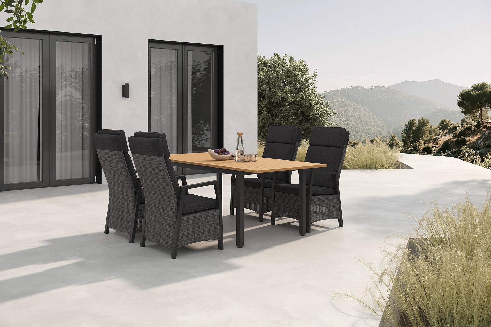 Hartman Nova Salon de jardin repas avec 4 fauteuils, anthracite/gris, Alu/Polyrattan/Teck, 150/210 x 90 cm, table extensible, dossier réglable Hartman Nova Salon de jardin repas avec 4 fauteuils, anthracite/gris, Alu/Polyrattan/Teck, 150/210 x 90 cm, table extensible, dossier réglable