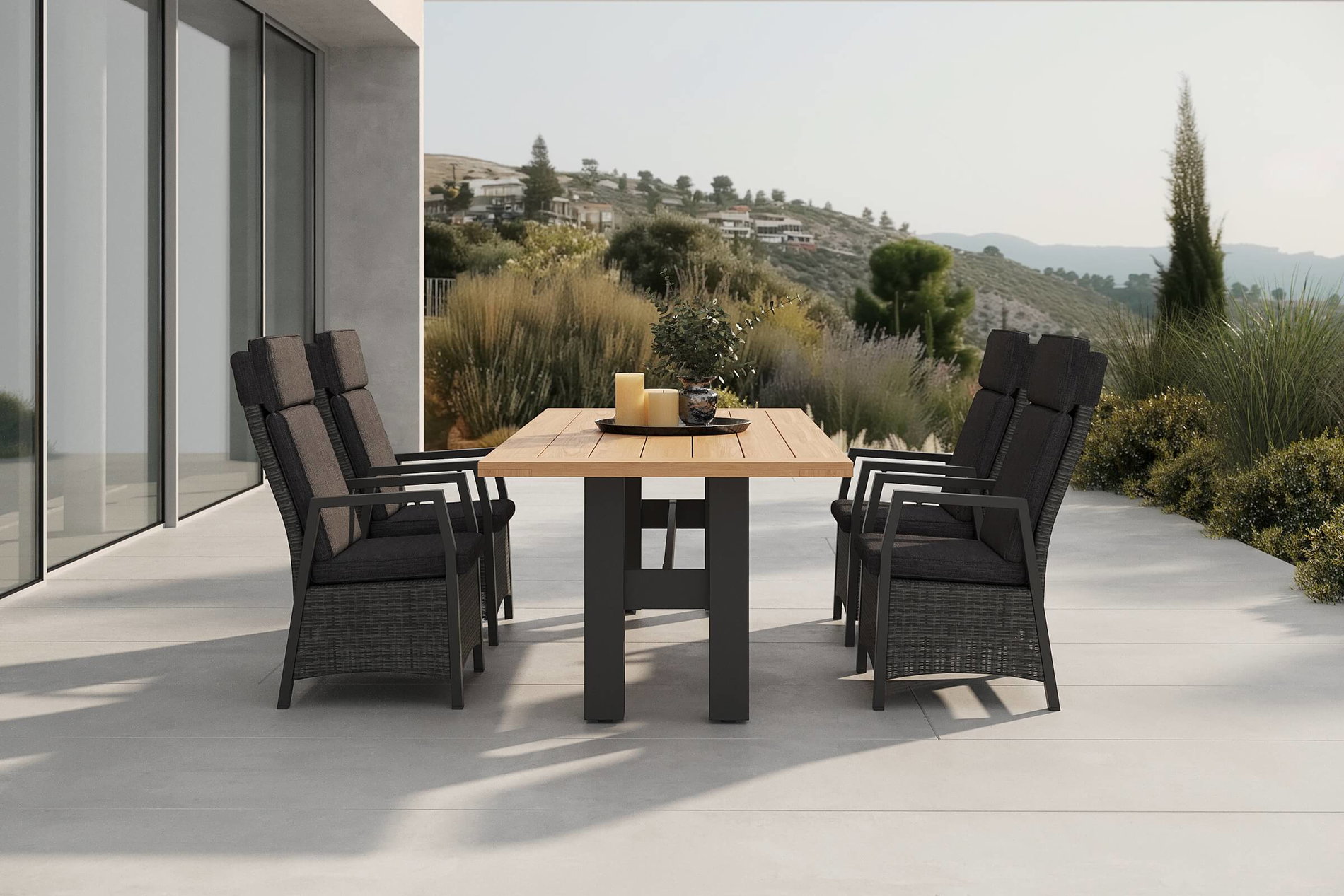 Salon de jardin Hartman Nova avec 4 fauteuils, anthracite/gris, alu/polyrattan/teck, table 240 x 100 cm, dossier réglable Salon de jardin Hartman Nova avec 4 fauteuils, anthracite/gris, alu/polyrattan/teck, table 240 x 100 cm, dossier réglable