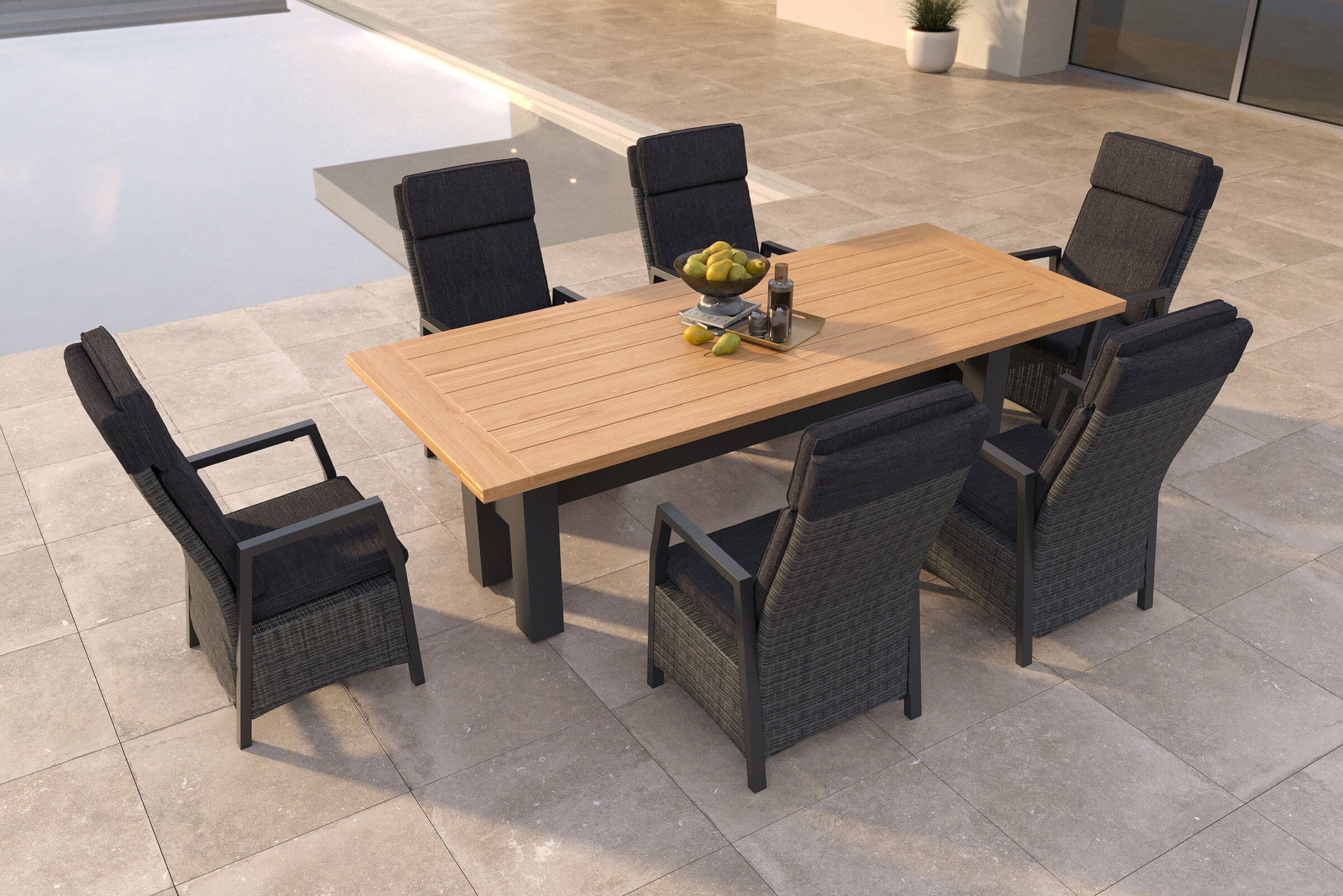 Salon de jardin Hartman Nova avec 6 fauteuils, anthracite/gris, alu/polyrattan/teck, 240 x 100 cm, dossier réglable Salon de jardin Hartman Nova avec 6 fauteuils, anthracite/gris, alu/polyrattan/teck, 240 x 100 cm, dossier réglable