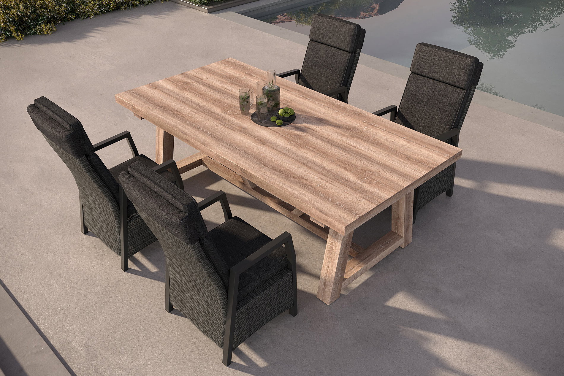 OUTFLEXX Nova Garten-Essgruppe mit 4 Sesseln, anthrazit/grau/natur, Alu/Polyrattan/Teakholz, 220 x 110 cm, verstellbare Rückenlehne