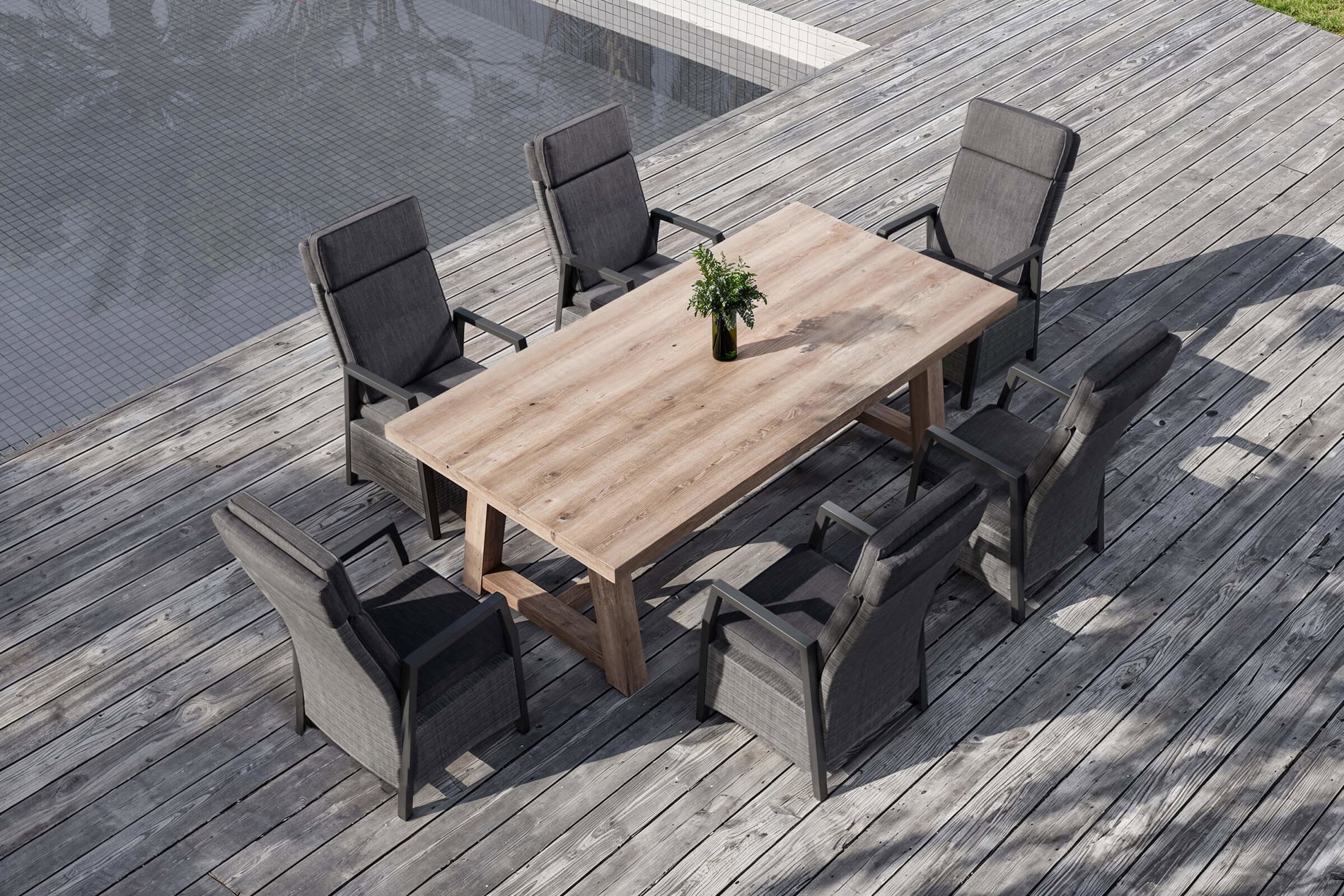 Salon de jardin repas OUTFLEXX Nova avec 6 fauteuils, anthracite/gris/naturel, Alu/Polyrattan/Teck, table 220 x 110 cm, dossier réglable Salon de jardin repas OUTFLEXX Nova avec 6 fauteuils, anthracite/gris/naturel, Alu/Polyrattan/Teck, table 220 x 110 cm, dossier réglable