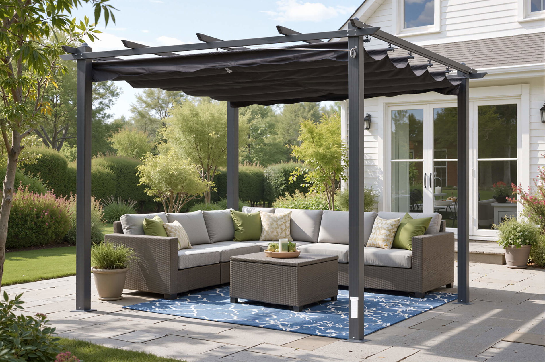 Pergola OUTFLEXX Antalya avec toit en toile pliable, anthracite, aluminium/acier/polyester, 3 x 3 m, protection UV 30+