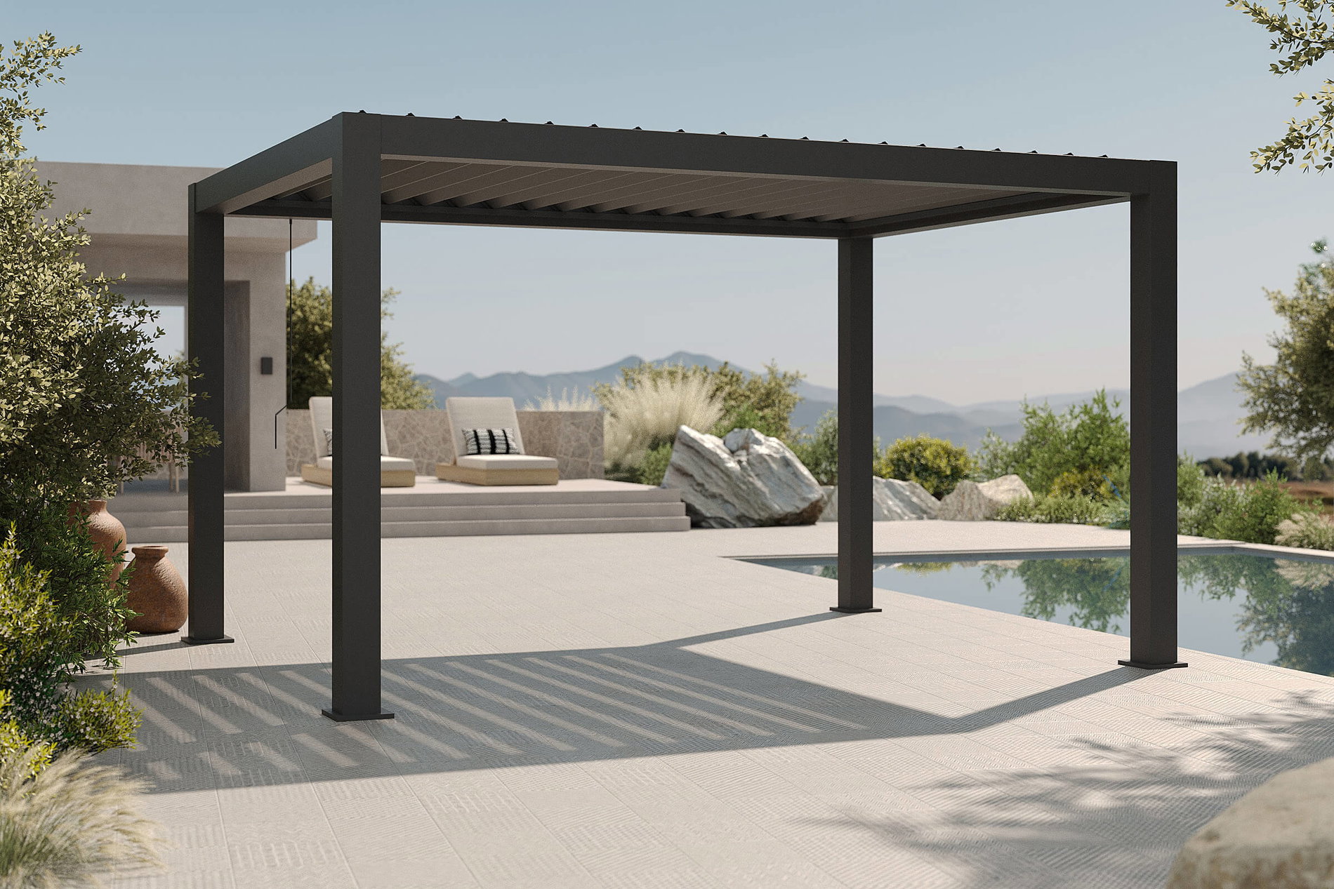 OUTFLEXX Antalya Pergola à lamelles, noir, alu thermolaqué, 3 x 4 m, résistant aux intempéries, toit à lamelles réglables