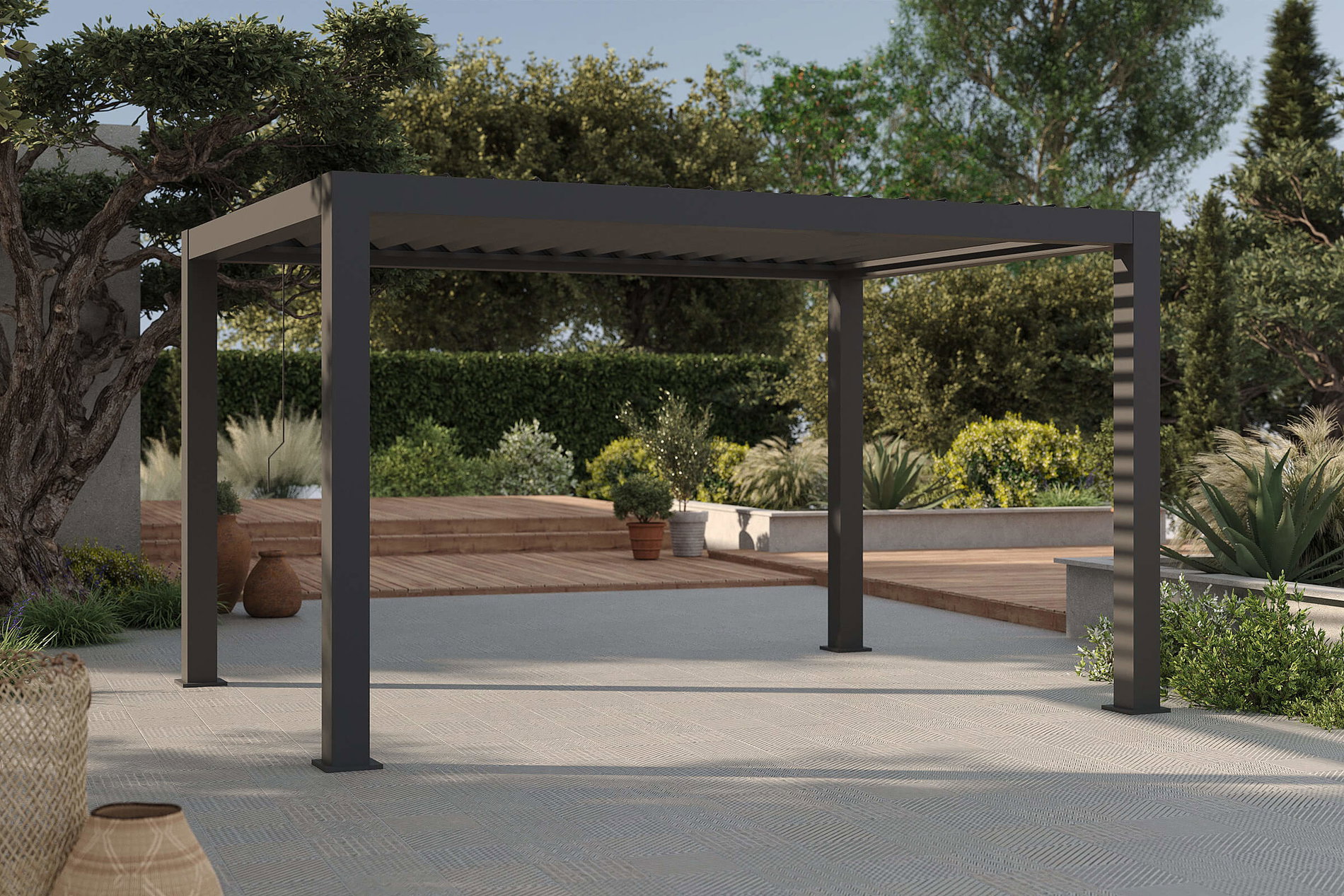 OUTFLEXX Antalya Pergola à lamelles, noir, alu, 4 x 4 m, thermolaqué, résistant aux intempéries, lamelles orientables