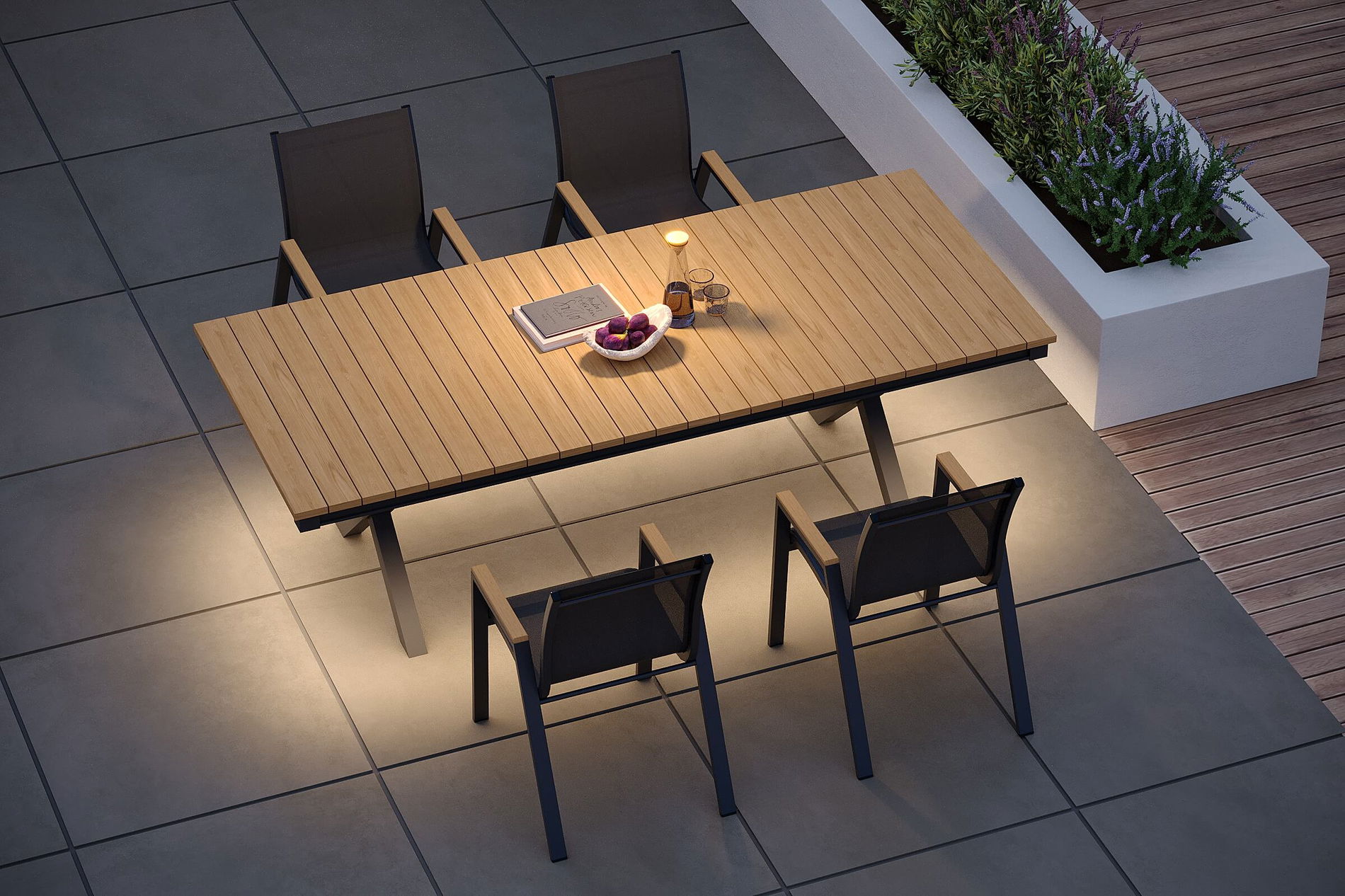 Ensemble repas de jardin OUTFLEXX Luminara avec éclairage LED, anthracite mat/naturel, aluminium/imitation bois/textilène, table 240 x 100 cm, 4 fauteuils empilables