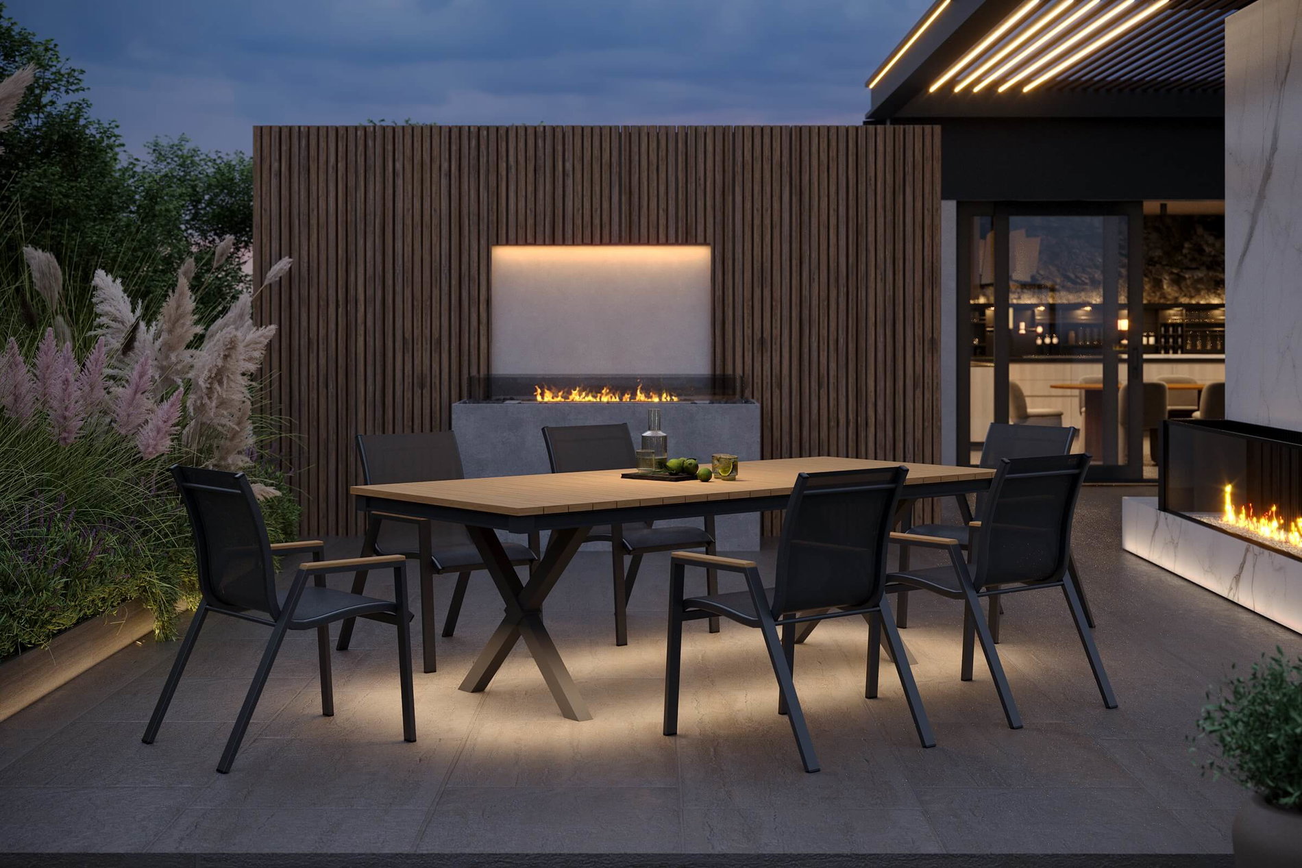 OUTFLEXX Luminara Garten-Essgruppe mit LED-Beleuchtung, anthrazit matt/natur, Aluminium/Holzimitat/Textilene, Tisch 240 x 100 cm, 6 stapelbare Sessel OUTFLEXX Luminara Garten-Essgruppe mit LED-Beleuchtung, anthrazit matt/natur, Aluminium/Holzimitat/Textilene, Tisch 240 x 100 cm, 6 stapelbare Sessel