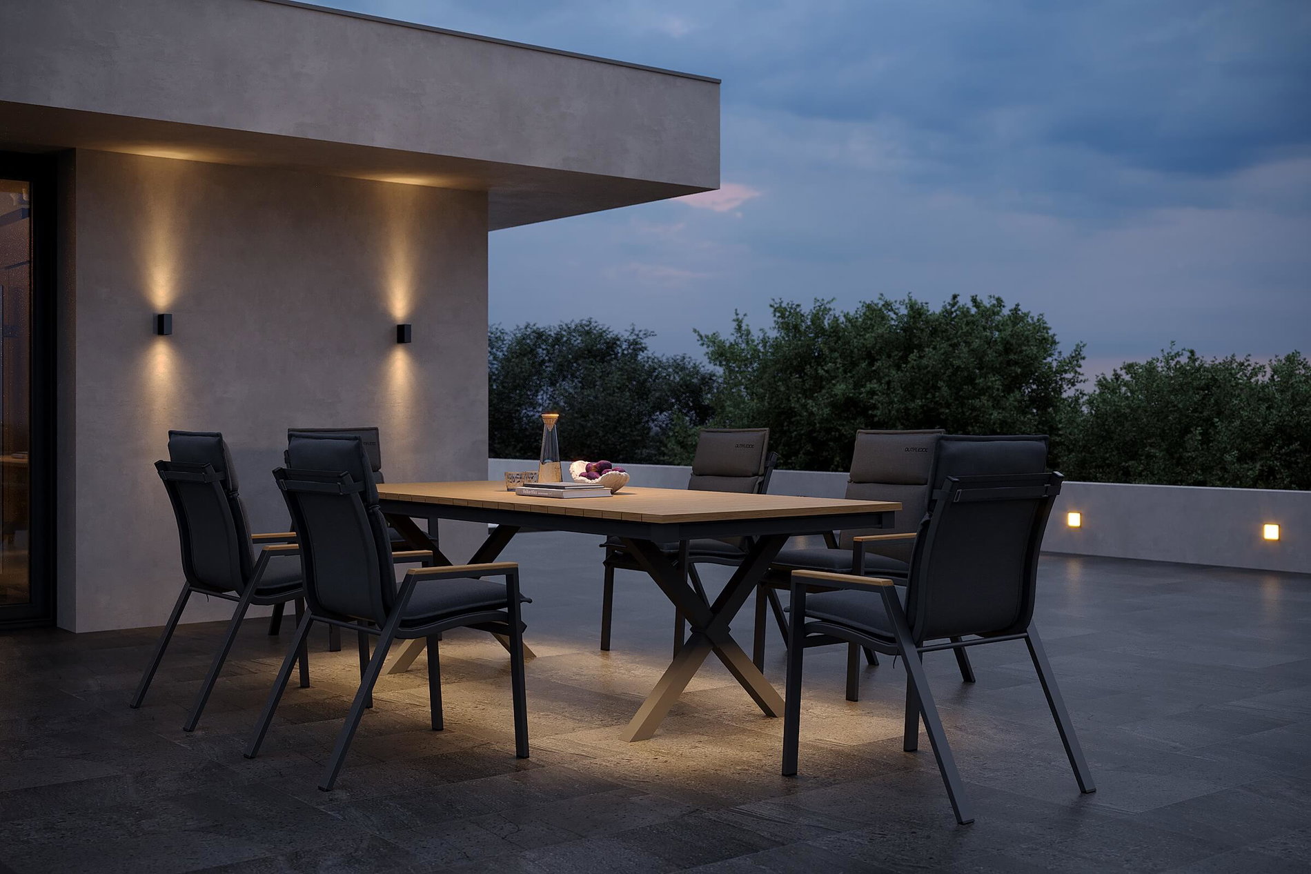 OUTFLEXX Luminara Garten-Essgruppe mit LED-Beleuchtung, anthrazit matt/natur, Alu/Holzimitat, 240 x 100 cm, inklusive Auflagen, 6 Stapelsessel