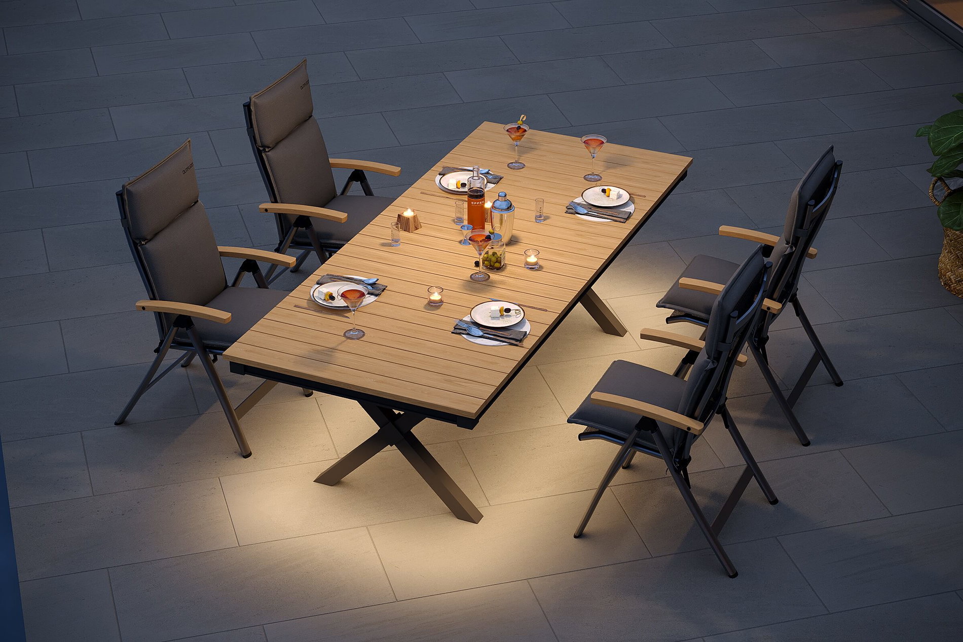 Ensemble repas de jardin OUTFLEXX Luminara avec éclairage LED, anthracite mat/naturel, aluminium/textiles/imitation bois, 240 x 100 cm, 4 chaises pliantes, coussins inclus Ensemble repas de jardin OUTFLEXX Luminara avec éclairage LED, anthracite mat/naturel, aluminium/textiles/imitation bois, 240 x 100 cm, 4 chaises pliantes, coussins inclus