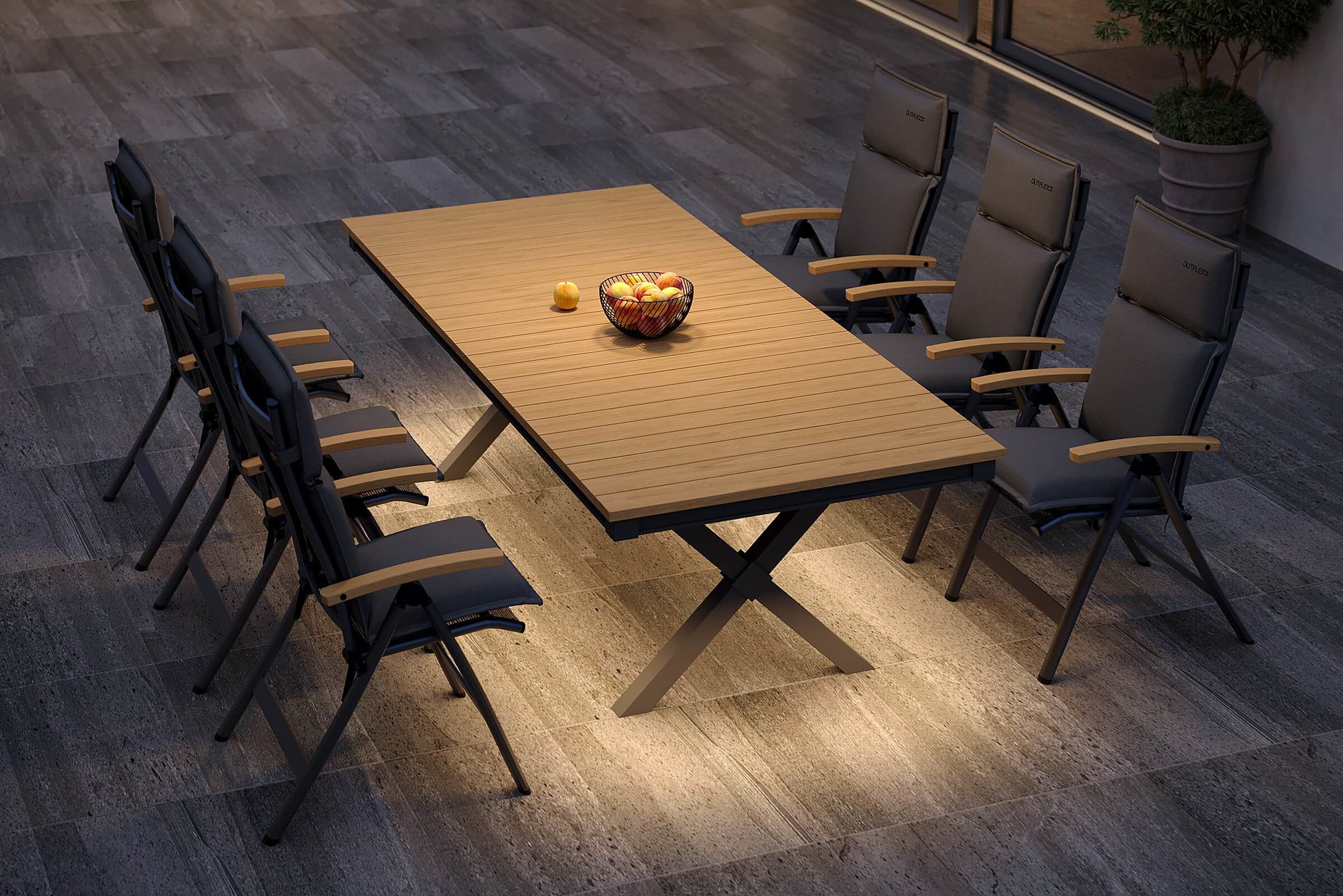 OUTFLEXX Luminara Salon de jardin avec éclairage LED, anthracite mat/naturel, Alu/Textilène, table 240 x 100 cm, incl. 6 chaises pliantes OUTFLEXX Luminara Salon de jardin avec éclairage LED, anthracite mat/naturel, Alu/Textilène, table 240 x 100 cm, incl. 6 chaises pliantes