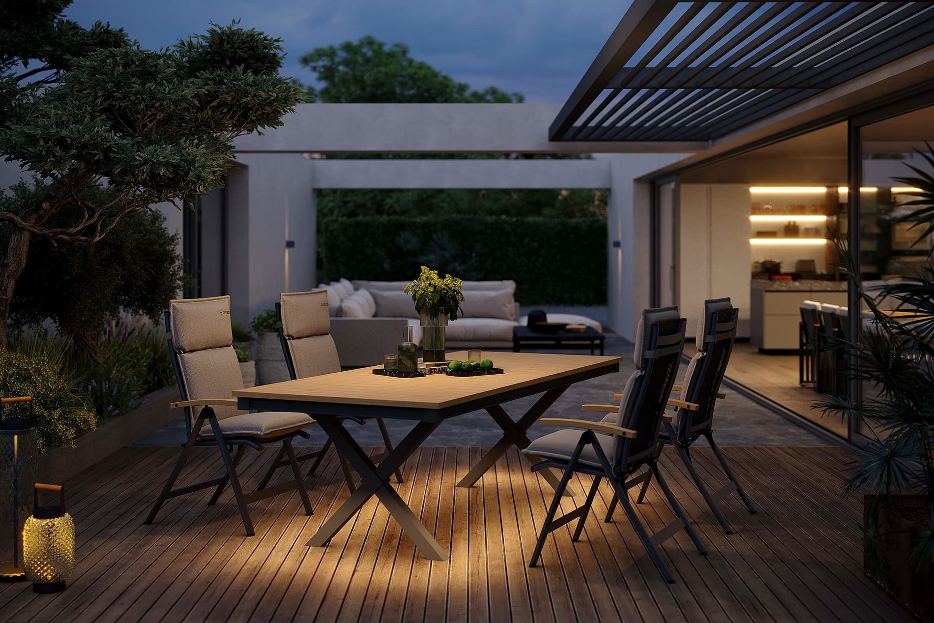 OUTFLEXX Luminara Garten-Essgruppe, anthrazit matt/natur, Alu / Textilen / Holzimitat, 240 x 100 cm, 4 Klappstühle, LED-Beleuchtung, Auflagen inklusive OUTFLEXX Luminara Garten-Essgruppe, anthrazit matt/natur, Alu / Textilen / Holzimitat, 240 x 100 cm, 4 Klappstühle, LED-Beleuchtung, Auflagen inklusive