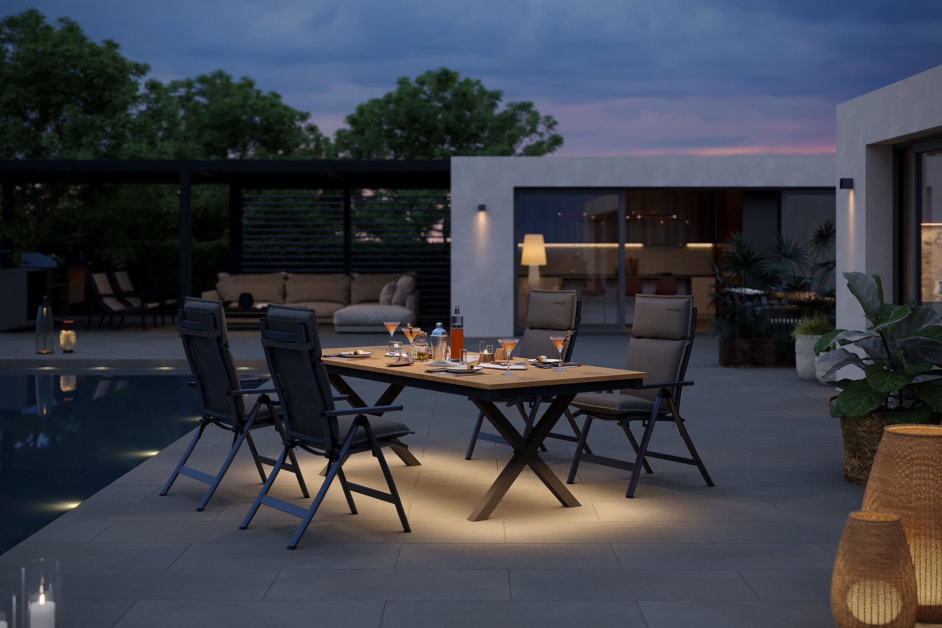 OUTFLEXX Luminara Ensemble repas de jardin, anthracite mat/naturel, Alu / Imitation bois / Textilène, 240 x 100 cm, 4 chaises pliantes, 4 coussins, avec éclairage LED OUTFLEXX Luminara Ensemble repas de jardin, anthracite mat/naturel, Alu / Imitation bois / Textilène, 240 x 100 cm, 4 chaises pliantes, 4 coussins, avec éclairage LED