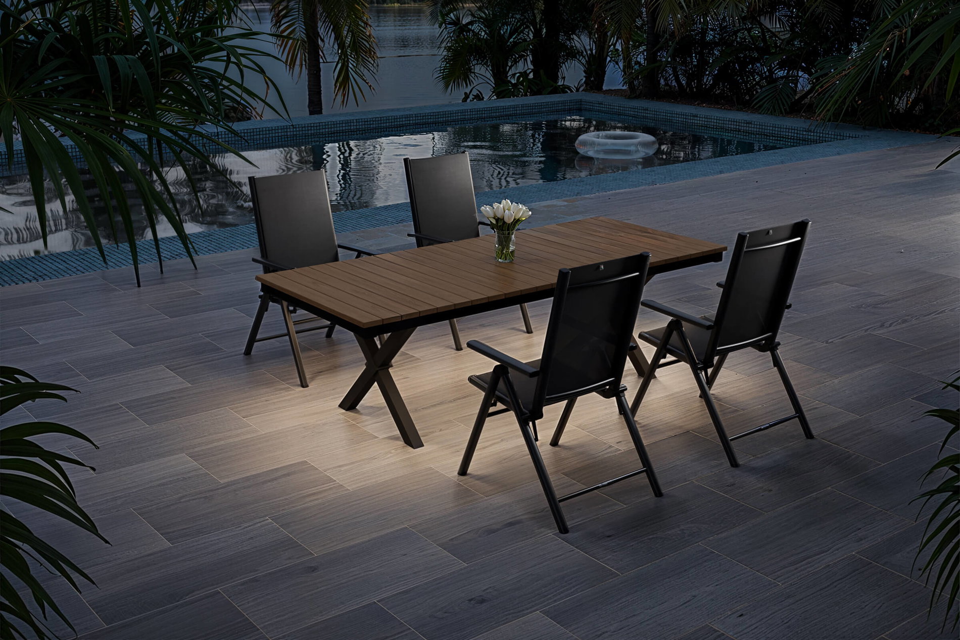 KETTLER Exklusivmodell BasicPlus Pro, Garten-Essgruppe mit LED-Beleuchtung, anthrazit/natur, Alu/Holzimitat, 240 x 100 cm, 4 Klappstühle