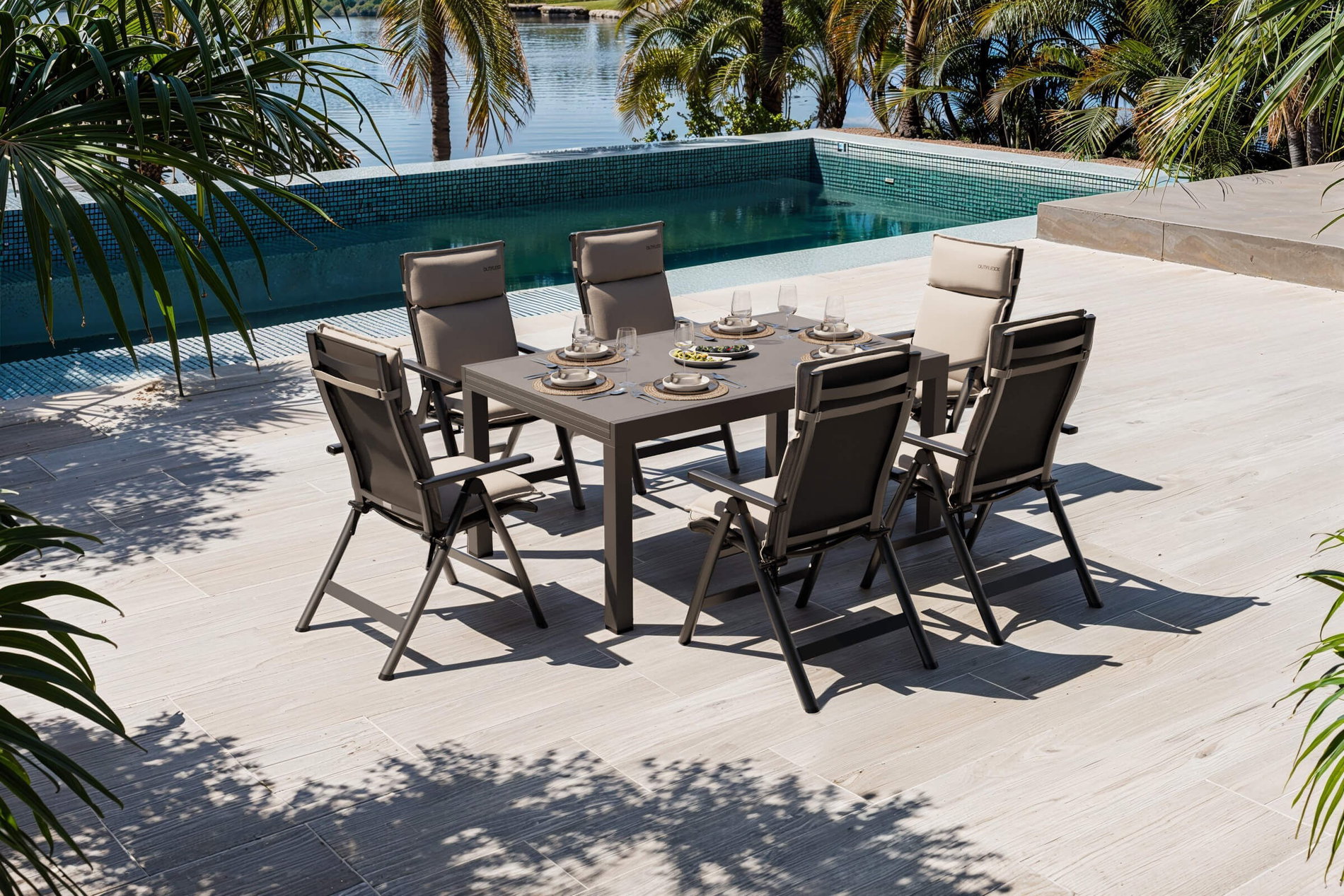 OUTFLEXX Premium Salon de jardin, anthracite mat/noir/naturel, Alu/Spraystone/Textilene, 160/260 x 100 cm, 6 chaises pliantes incl. 6 coussins
