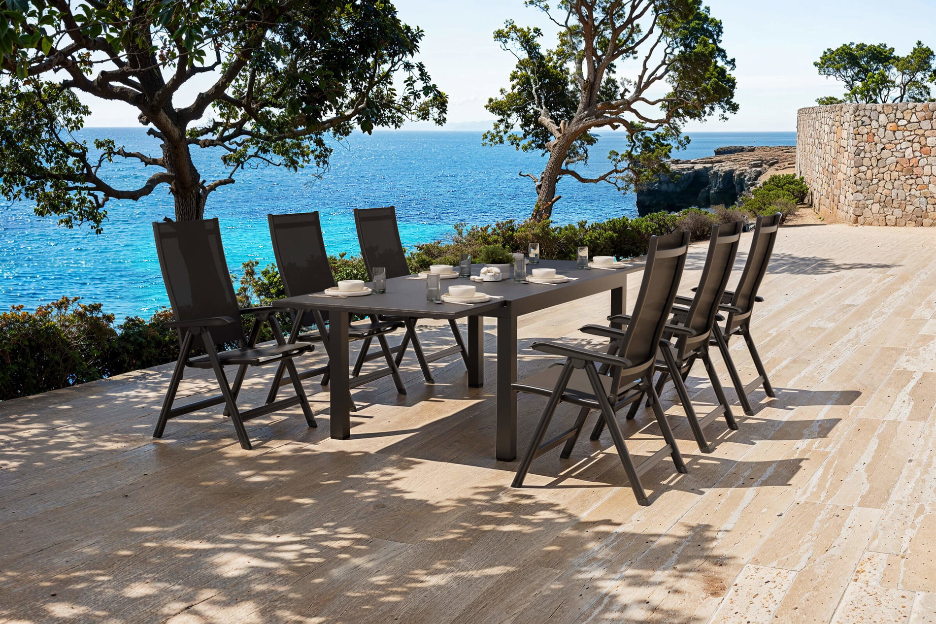 KETTLER BasicPlus Garten-Essgruppe, anthrazit/schwarz, Alu/Textilene/Spraystone-Glas, Tisch 160/260 x 100 cm, 6 Klappstühle