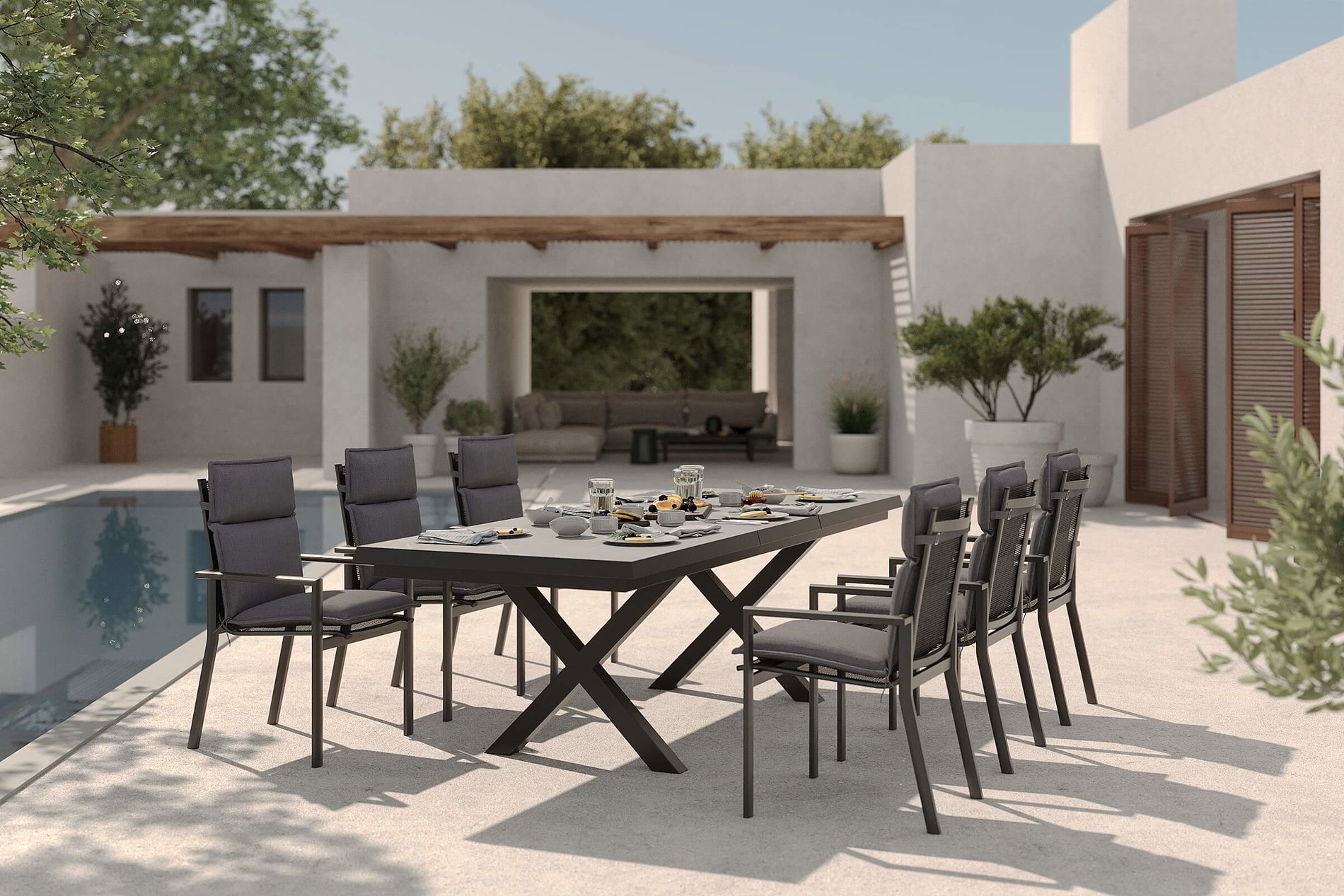 OUTFLEXX Serro Salon de jardin, anthracite mat/noir/gris, Alu/Imitation pierre/Textilène/Polyester, Table 200/260 x 100 cm, 6 Fauteuils empilables incl. 6 Coussins