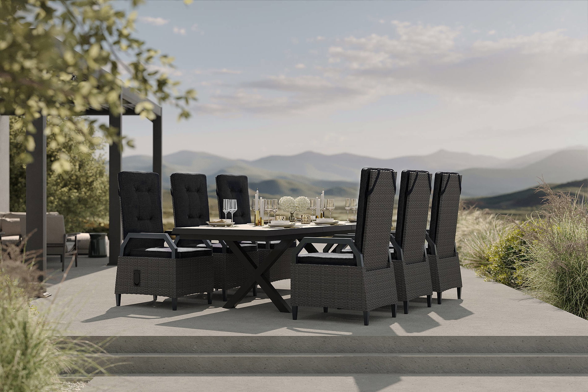 OUTFLEXX Serro Salon de jardin, noir/gris, Aluminium/Polyrattan/Imitation pierre, 200/260 x 100 cm, extensible, 6 fauteuils dining