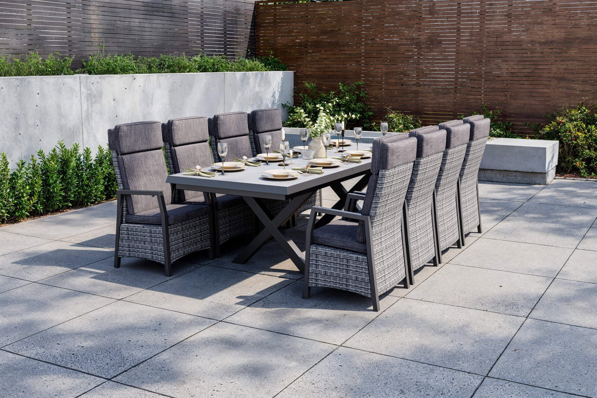 OUTFLEXX Nova Ensemble de salle à manger de jardin, noir/anthracite/gris, Aluminium/Polyrattan/Imitation pierre, Table 200/260 x 100 cm, 8 fauteuils de dining OUTFLEXX Nova Ensemble de salle à manger de jardin, noir/anthracite/gris, Aluminium/Polyrattan/Imitation pierre, Table 200/260 x 100 cm, 8 fauteuils de dining