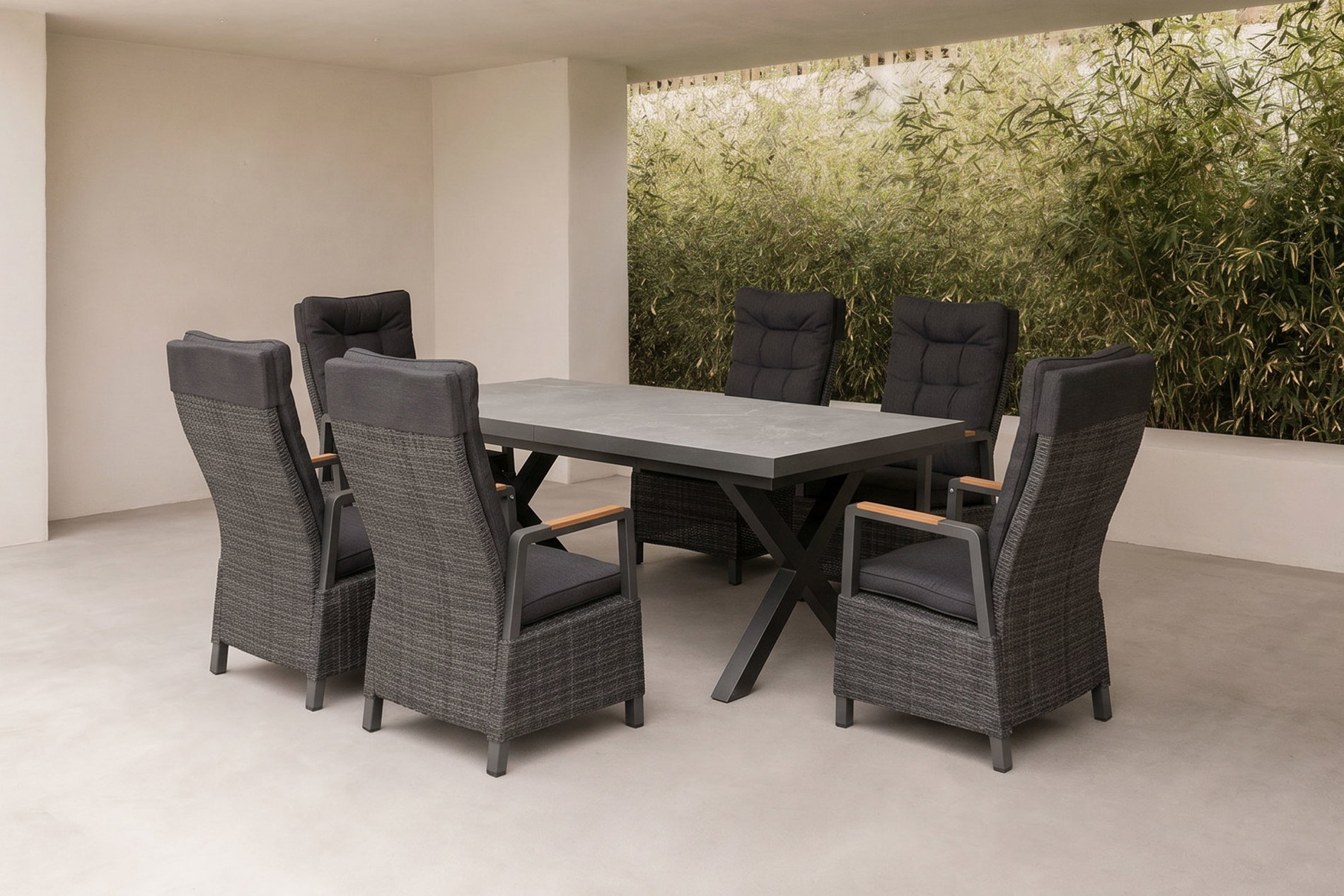 Ensemble repas de jardin OUTFLEXX Serro, 6 personnes, extensible, 200-260cm, Alu/polyrattan, certifié FSC®