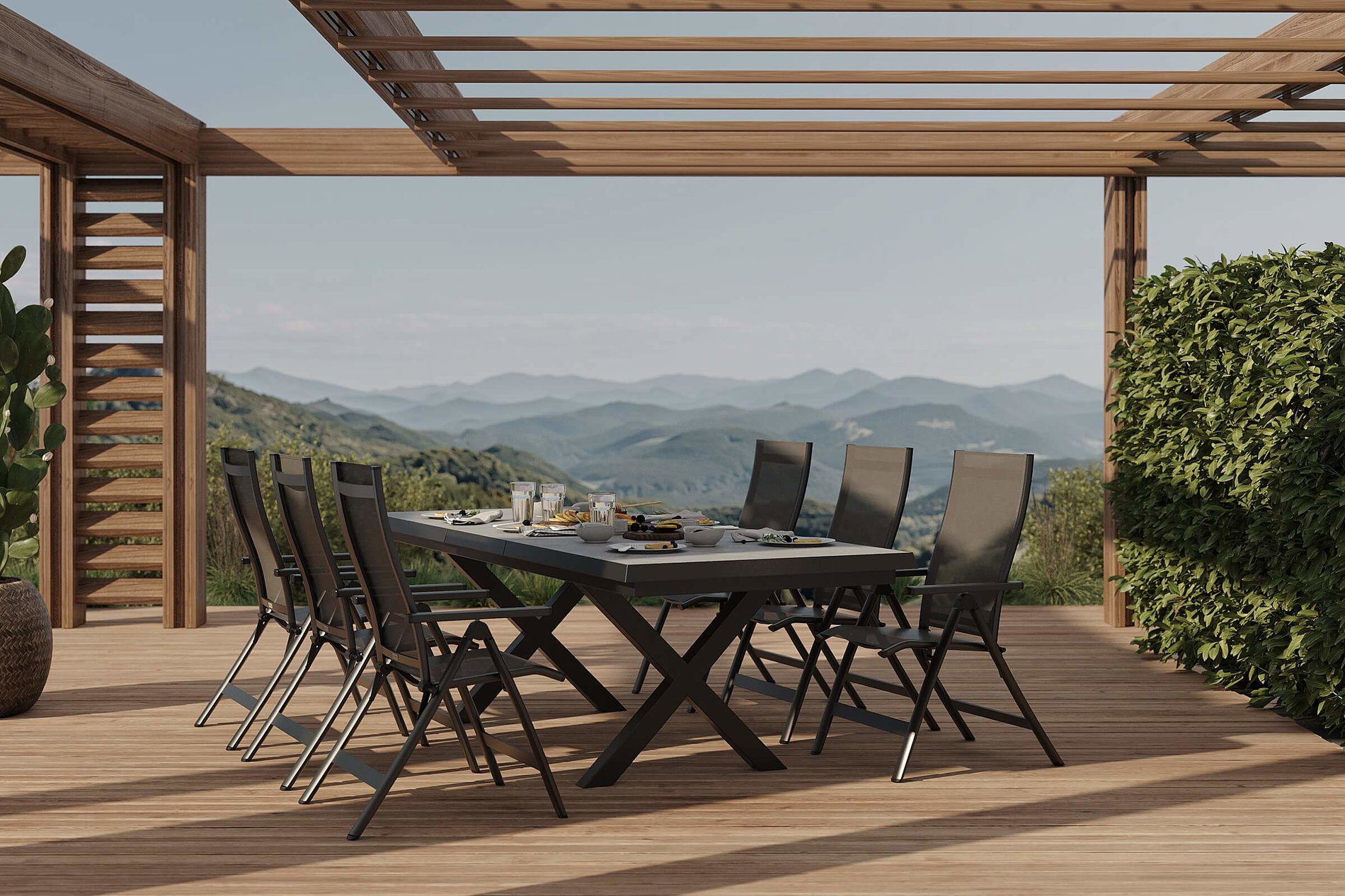 OUTFLEXX Serro Ensemble repas de jardin, anthracite mat/noir/gris, aluminium/imitation pierre/textilène, 200/260 x 100 cm, extensible, 6 chaises pliantes