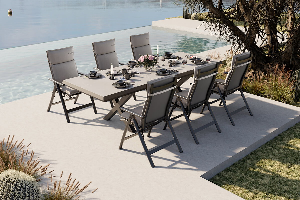 OUTFLEXX Serro Salon de jardin, anthracite mat/noir/gris/nature, Alu/Imitation pierre/Textilène, 200/260 x 100 cm, 6 fauteuils pliants incl. 6 coussins