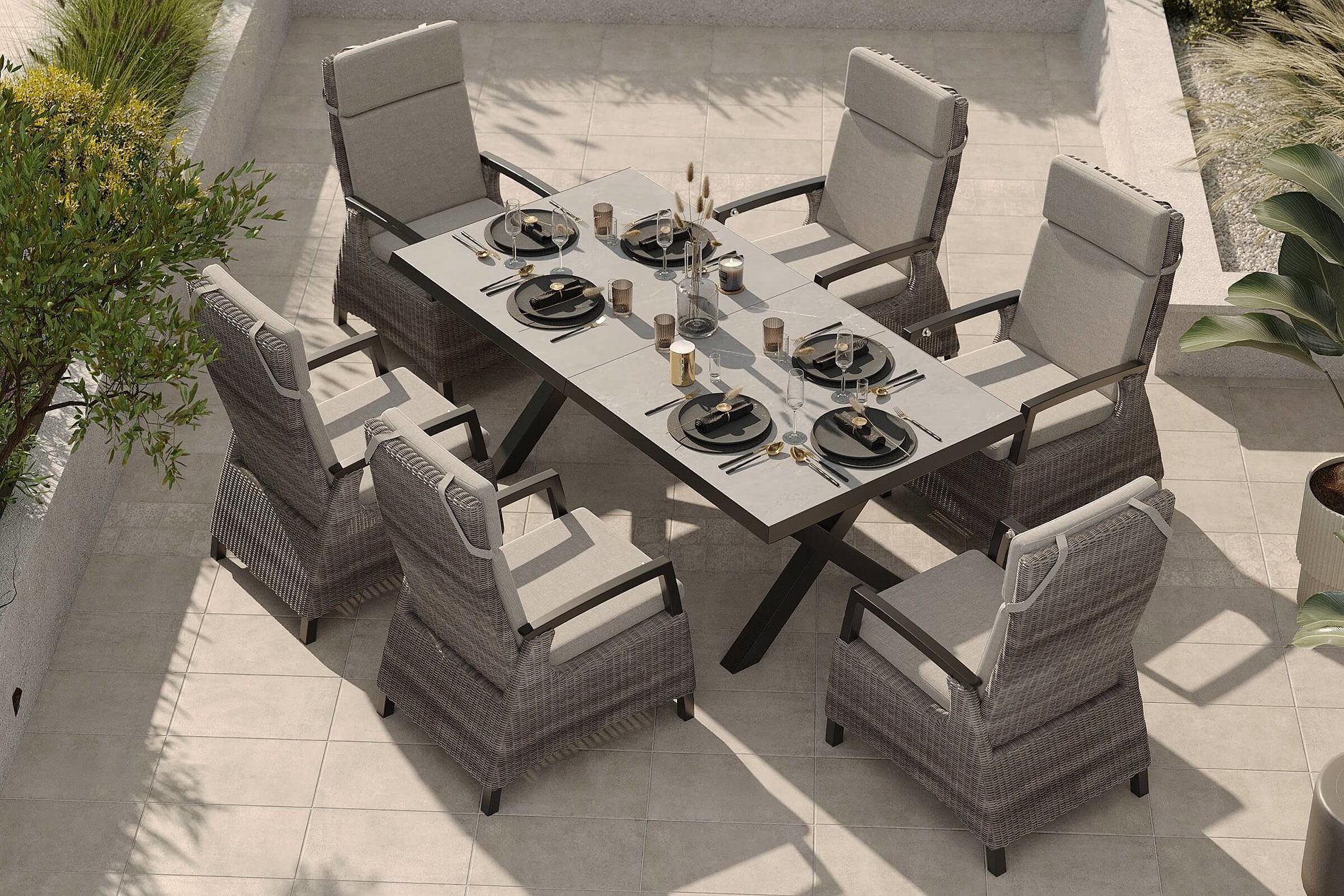 Salon de jardin SIENA GARDEN, noir/gris, alu/résine tressée, plateau de table extensible 200/260 x 100 cm, inclus 6 fauteuils