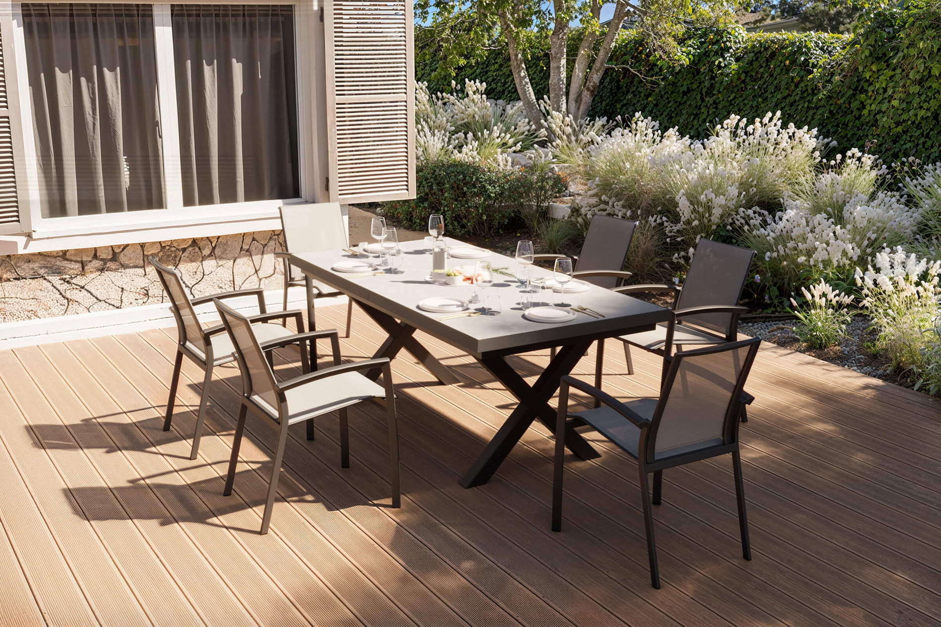 SIENA GARDEN Salon de jardin, noir/anthracite, Aluminium/Polyrattan/Imitation pierre, 200/260 x 100 cm, extensible, 6 fauteuils de repas