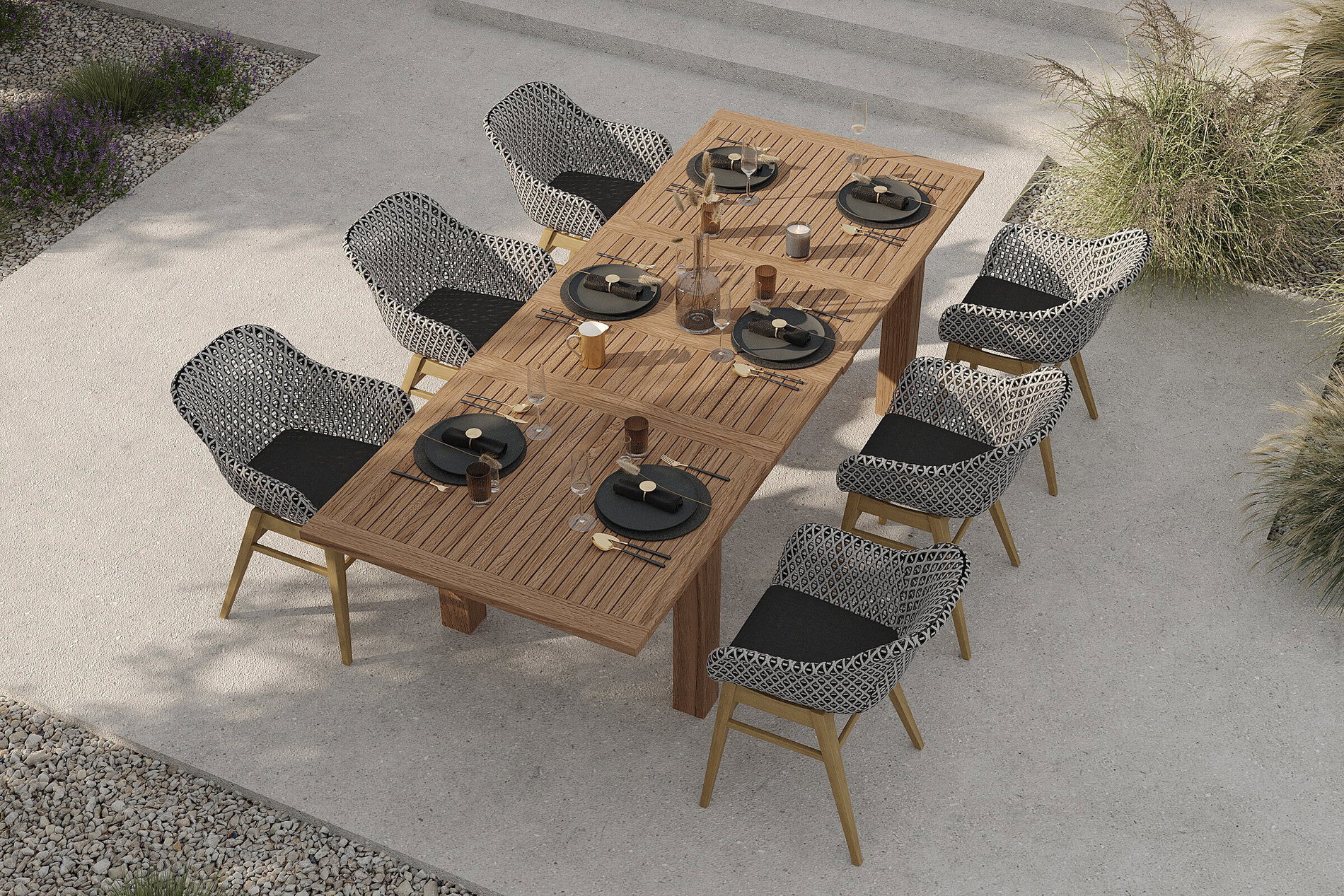 OUTFLEXX Bali Salon de jardin repas avec 6 fauteuils de repas, noir/blanc/naturel, acacia/polyrattan, 180/220/260 x 100 cm, produit certifié FSC®