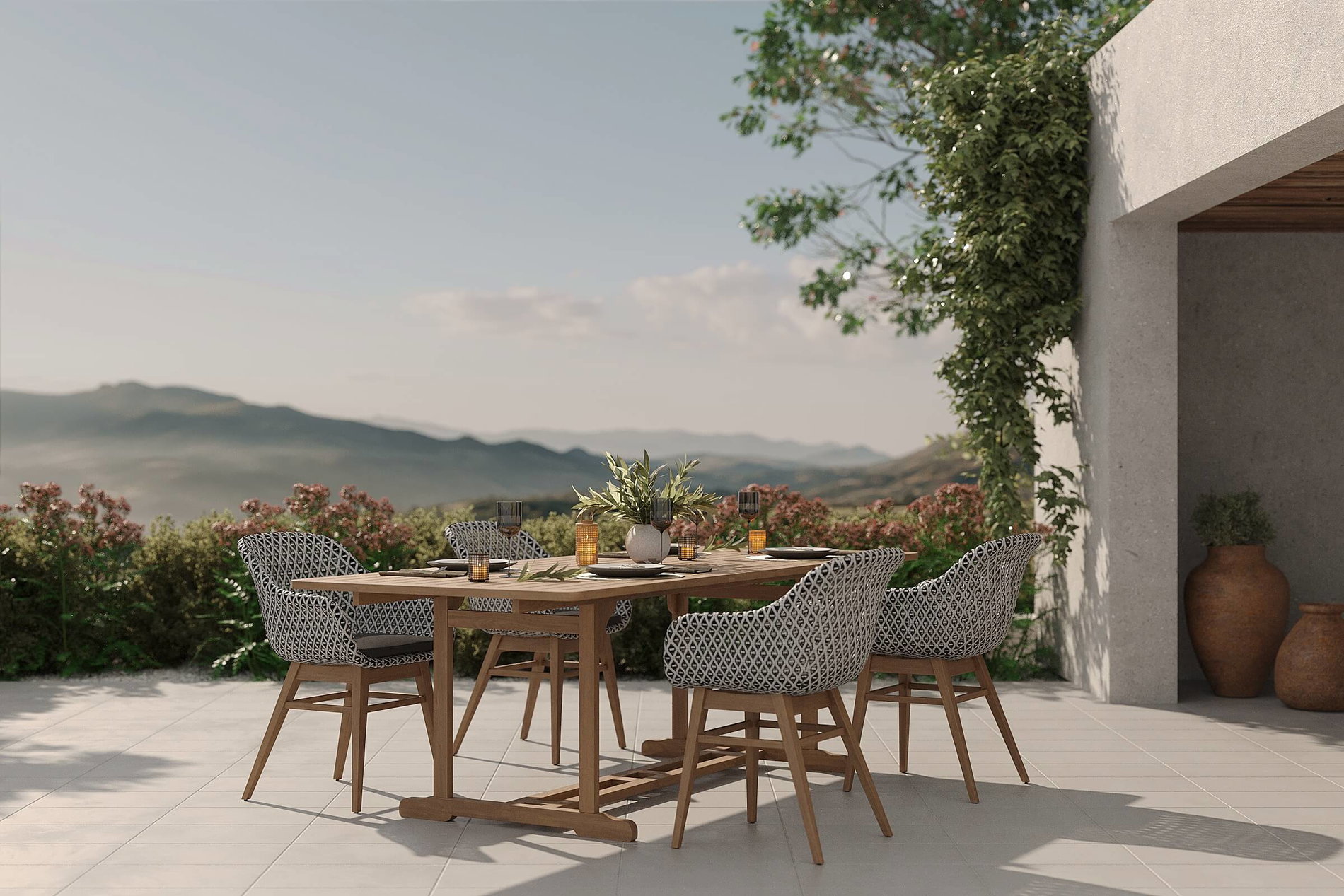 OUTFLEXX Bali Salon de jardin avec 4 fauteuils de salle à manger, noir/blanc/naturel, acacia/polyrattan, 150/200 x 90 cm, produit certifié FSC®